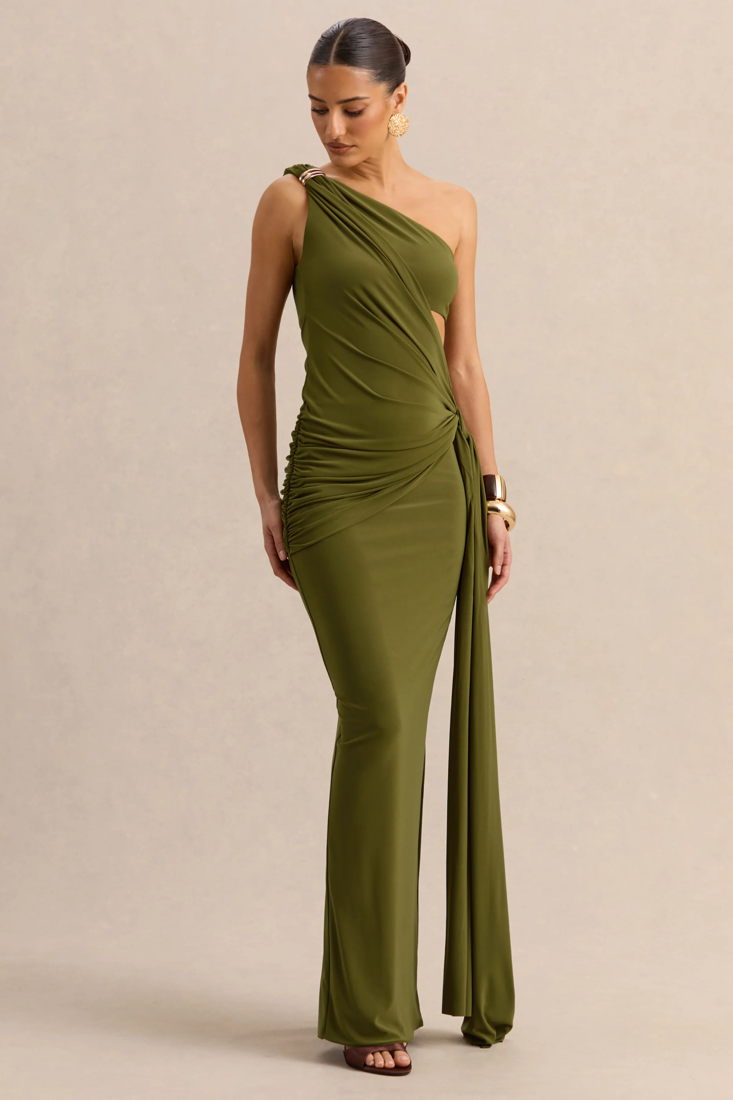 Clarosia | Groene Asymmetrische Hals Maxi Jurk Met Cut-Out En Ceintuur - Image 4