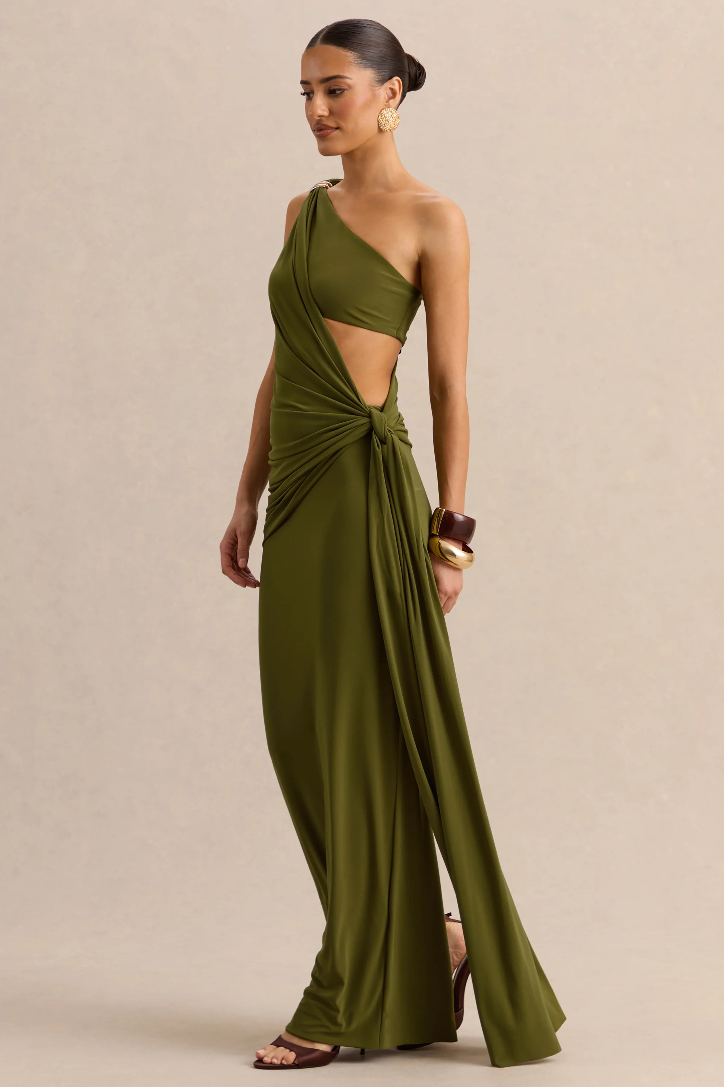 Clarosia | Groene Asymmetrische Hals Maxi Jurk Met Cut-Out En Ceintuur - Image 6