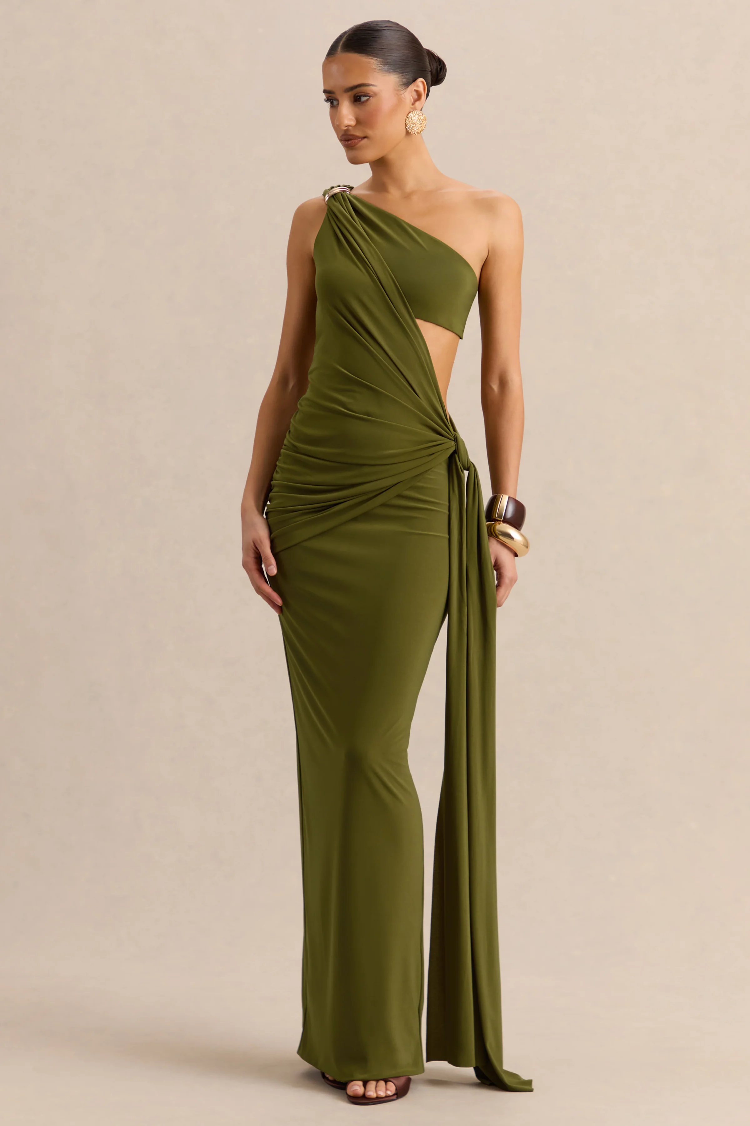 Clarosia | Groene Asymmetrische Hals Maxi Jurk Met Cut-Out En Ceintuur - Image 7