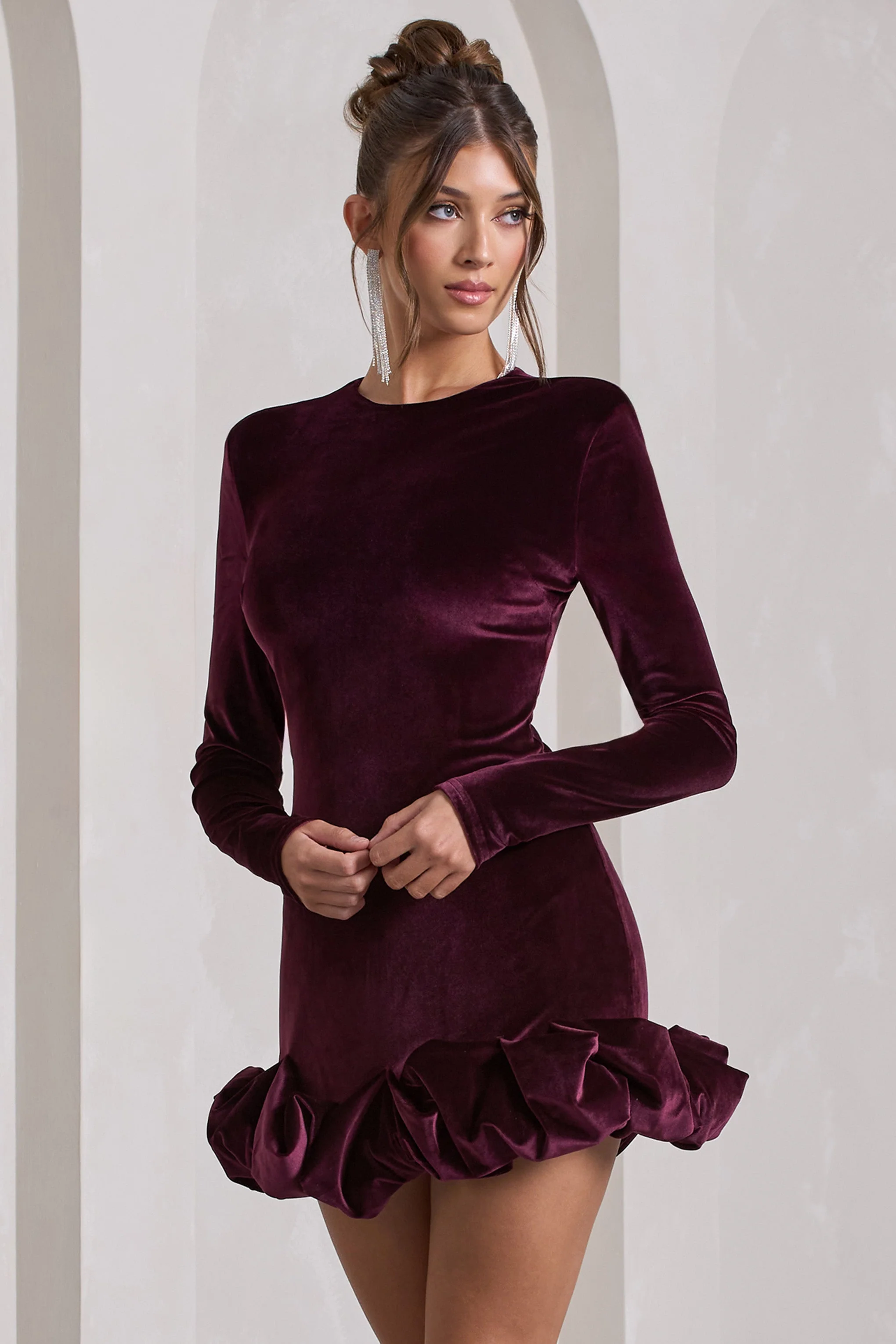 Claudine | Port Velours Gerimpeld Mini Jurk Met Lange Mouwen - Image 4
