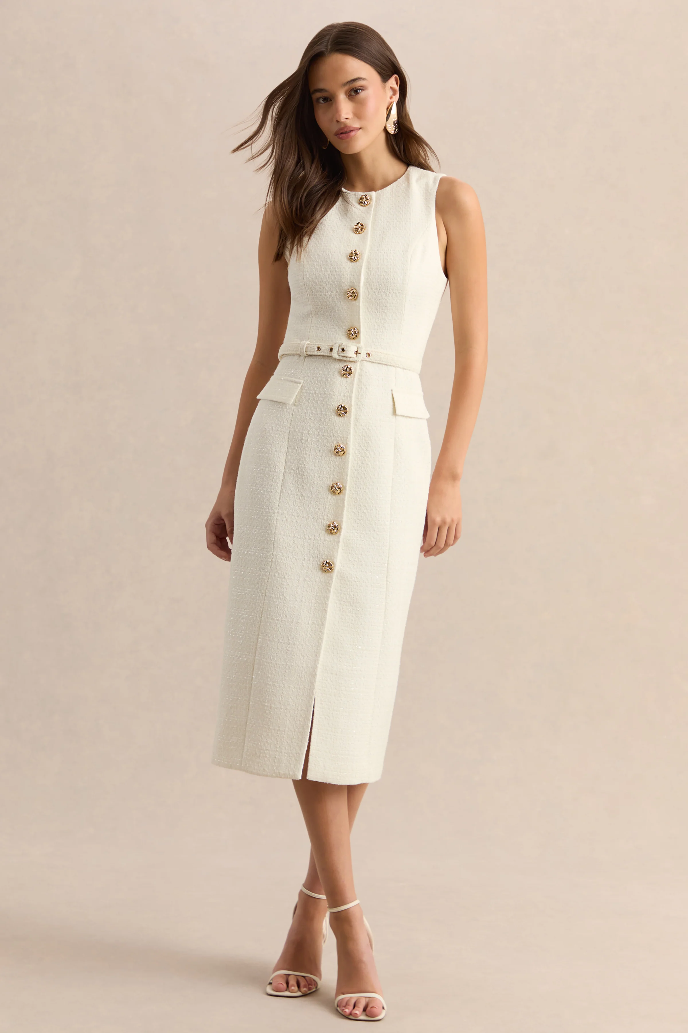 Clea | Crème Midi Jurk Met Ronde Hals, Ceintuur En Voorzakken - Image 2