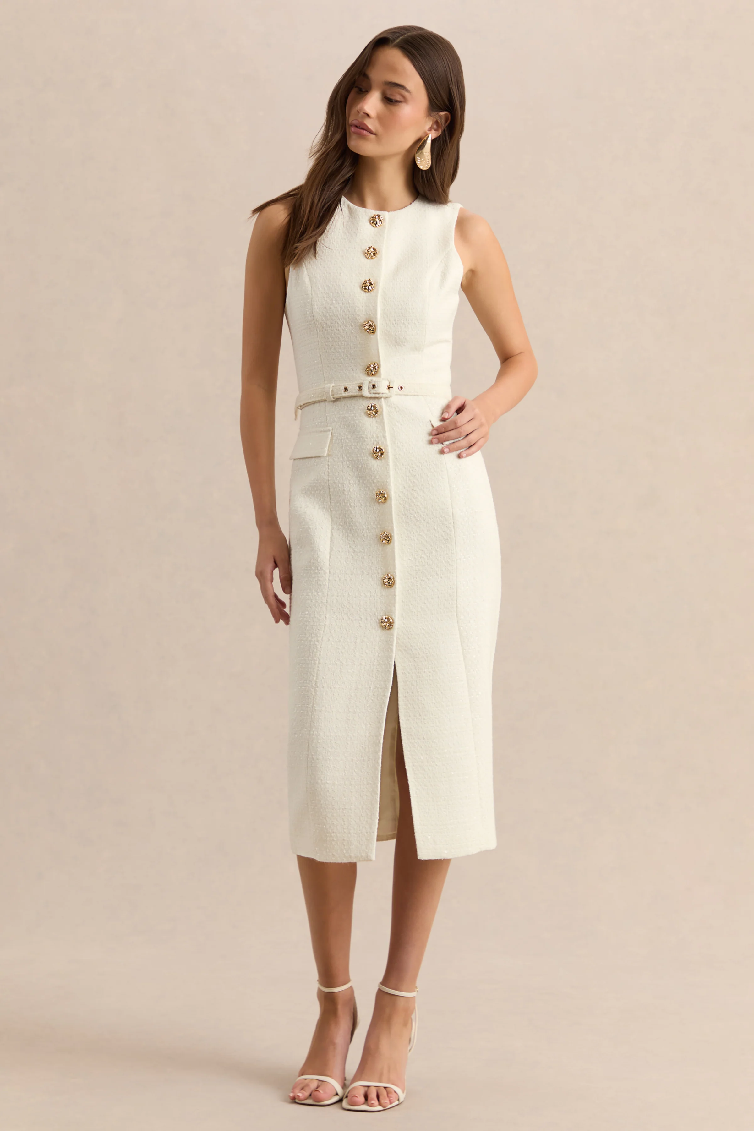 Clea | Crème Midi Jurk Met Ronde Hals, Ceintuur En Voorzakken - Image 5