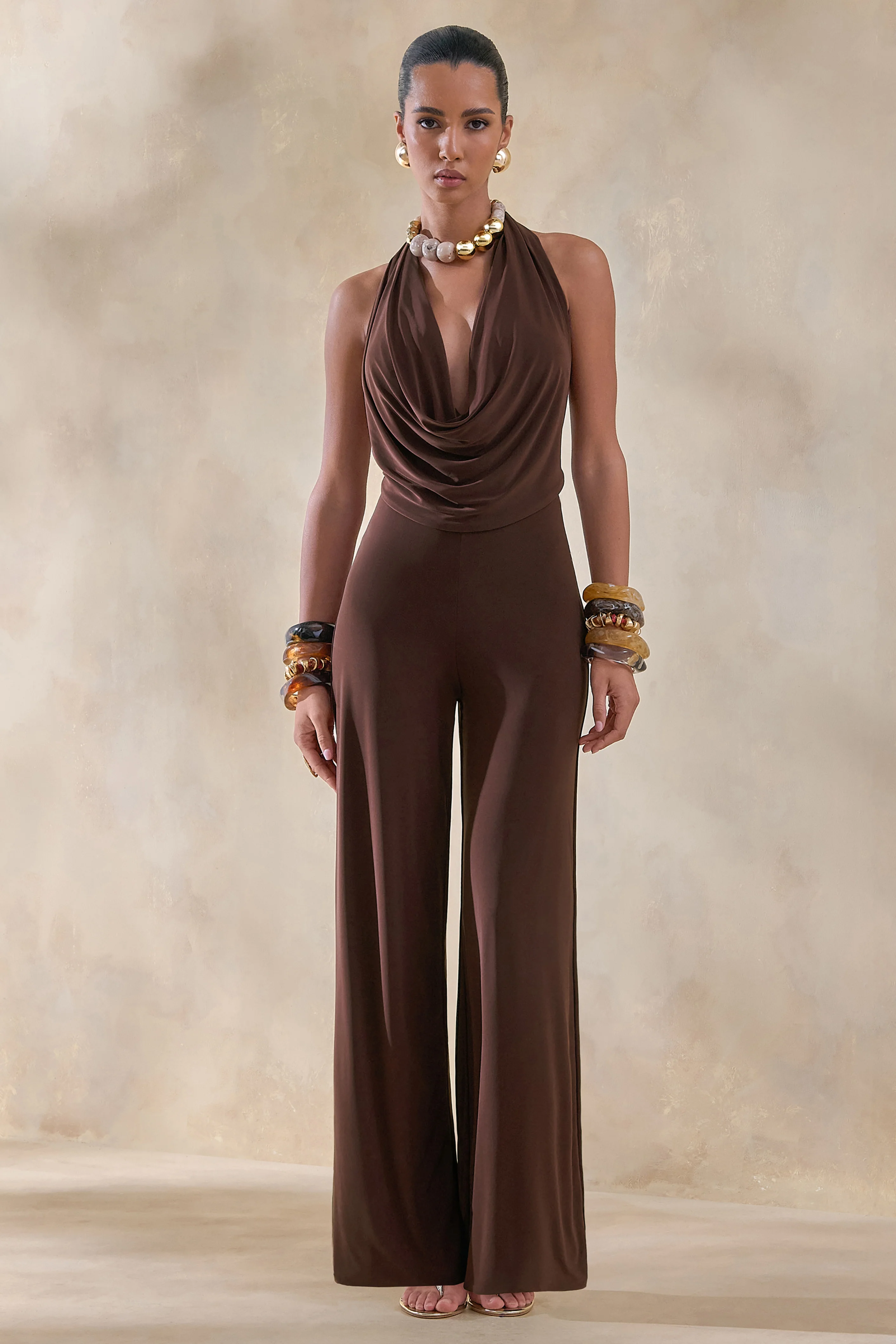 Clemence | Bruine Diepe V-Hals Jumpsuit
