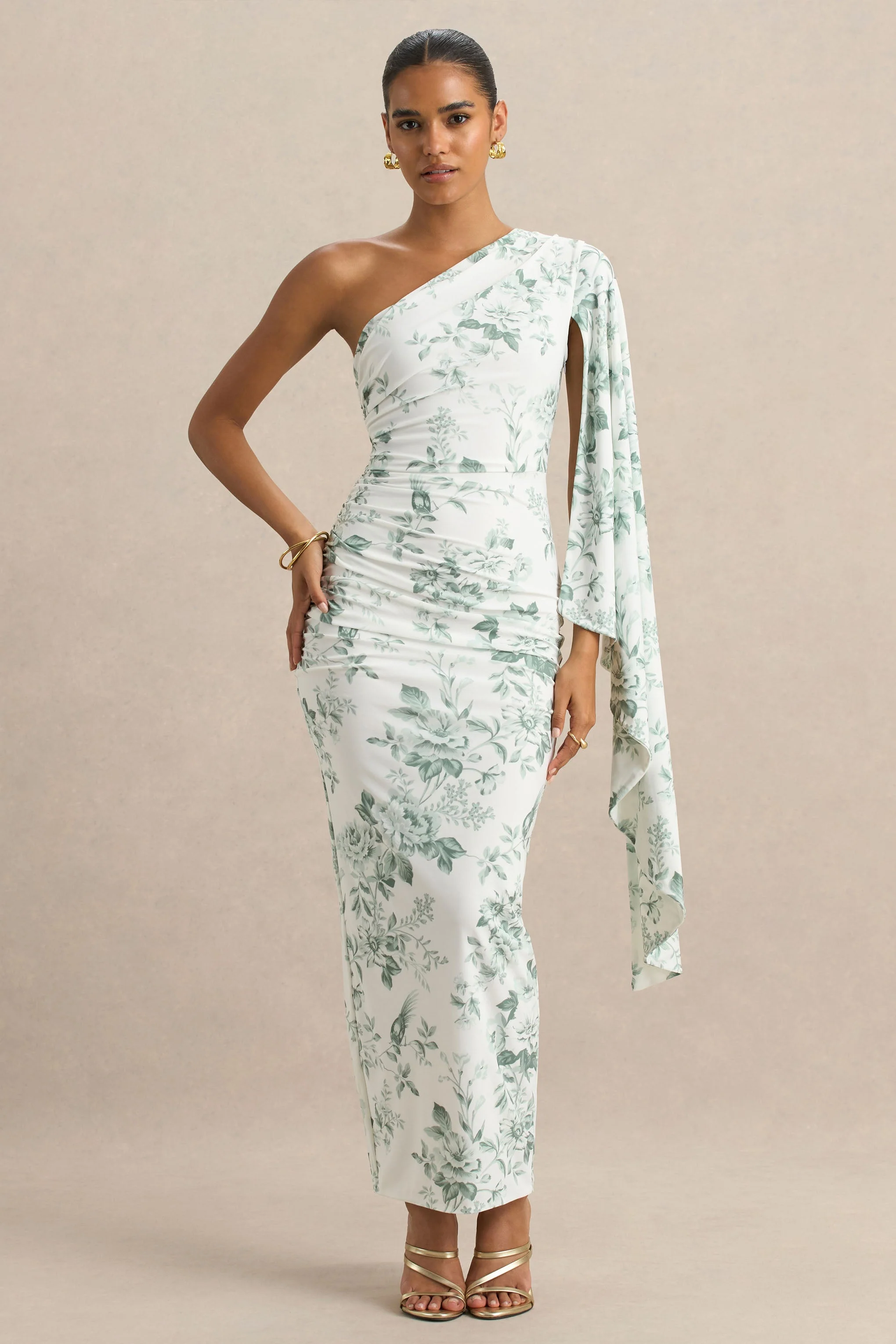 Clementina | Groene Maxi Jurk met Porseleinprint En Asymmetrische Cape Mouwen - Image 4