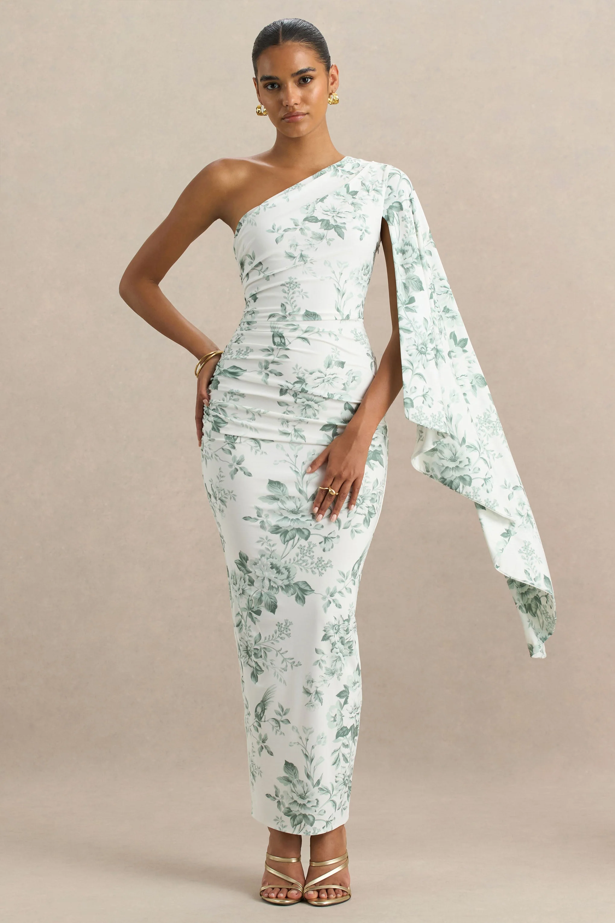 Clementina | Groene Maxi Jurk met Porseleinprint En Asymmetrische Cape Mouwen - Image 5
