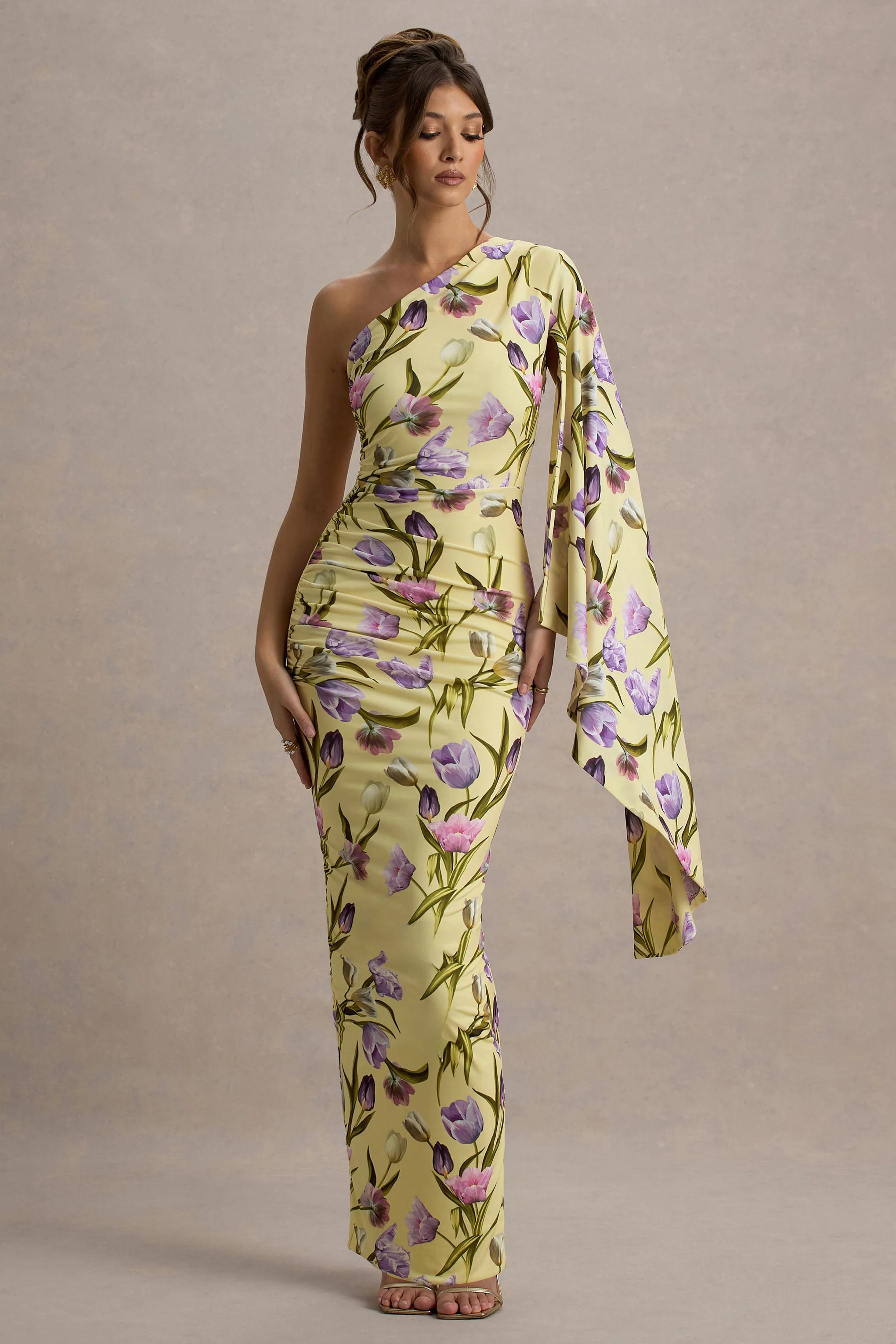 Clementina | Tulpen Bloemenprint Maxi Jurk Met Asymmetrische Cape Mouwen