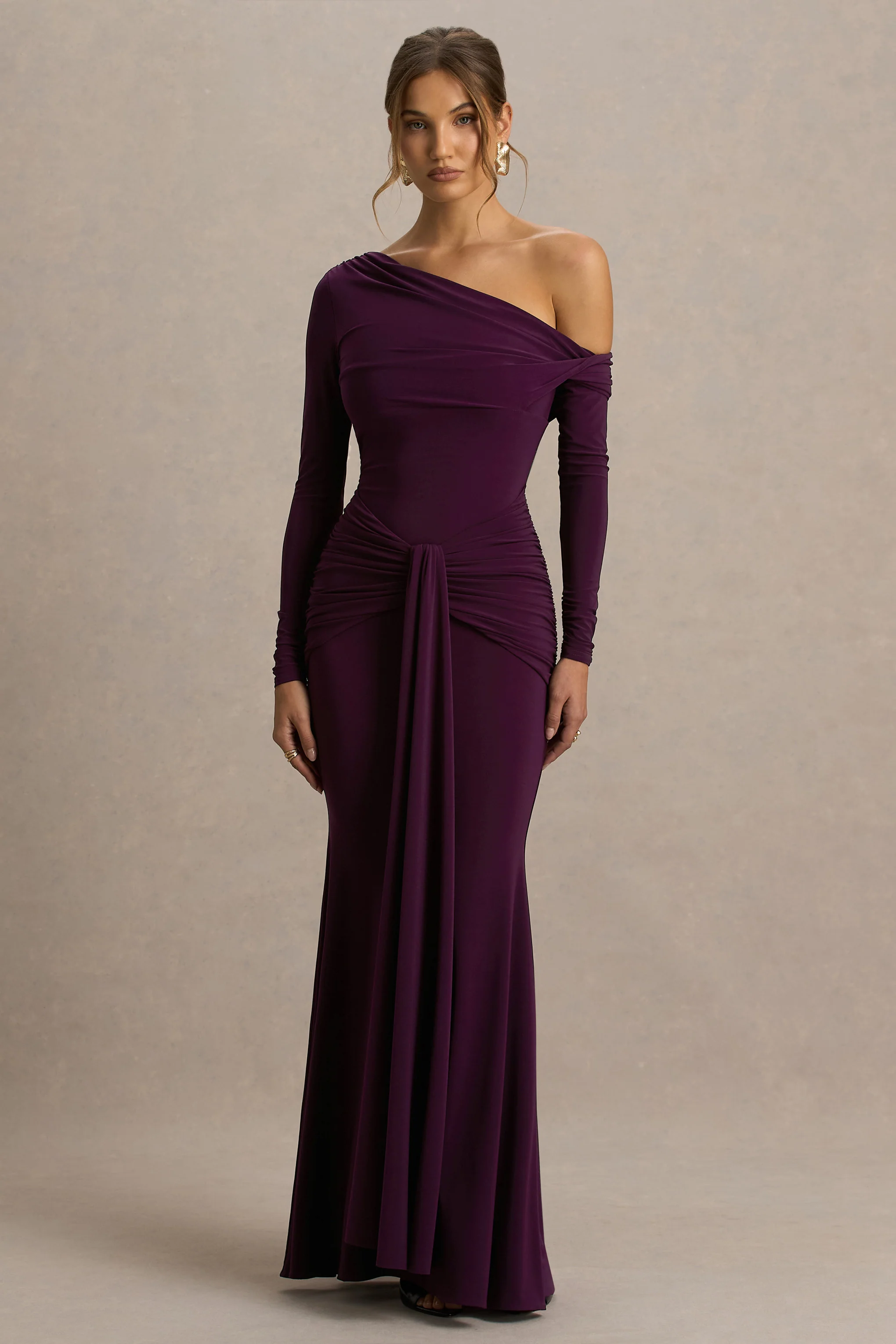 Clover | Bordeaux Overslag Maxi Jurk Met Asymmetrische Hals En Ceintuur