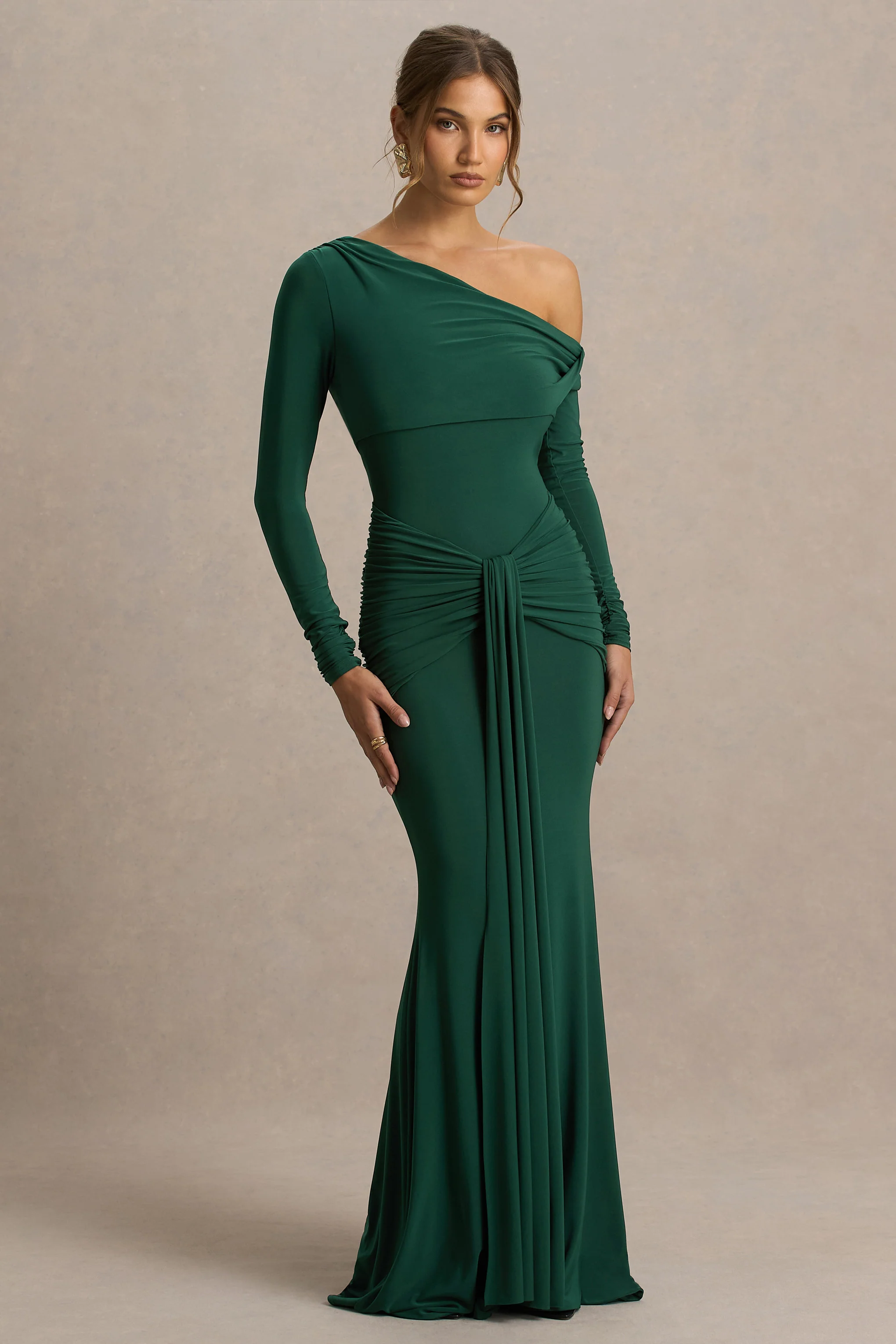 Clover | Donkergroene Oveslag Maxi Jurk Met Asymmetrische Hals En Ceintuur