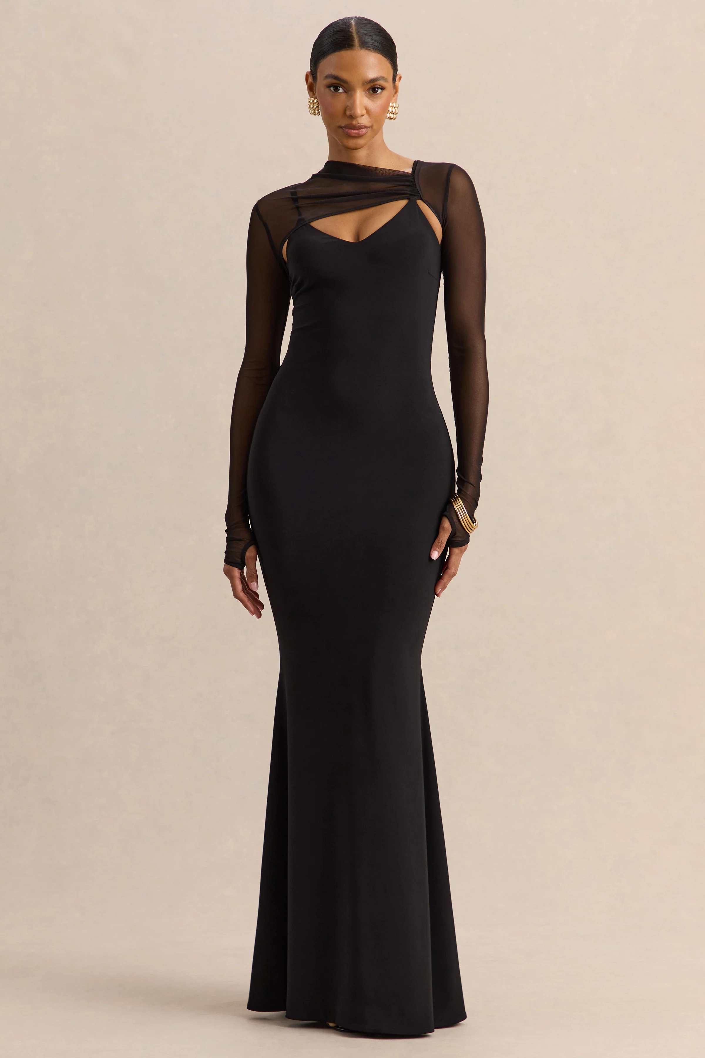 Coralia | Zwarte Asymmetrische Hals Maxi Jurk Met Lange Mesh Mouwen