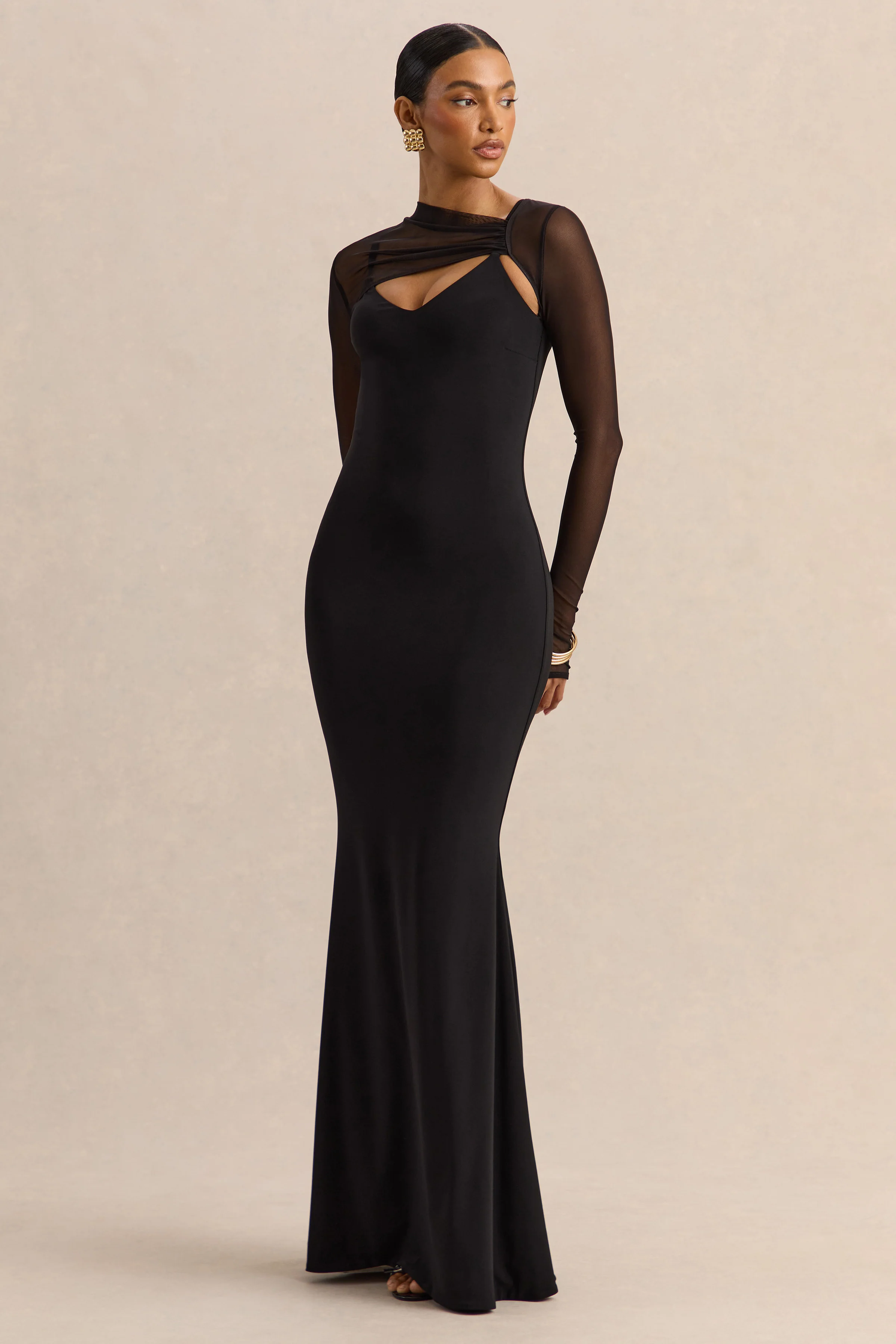 Coralia | Zwarte Asymmetrische Hals Maxi Jurk Met Lange Mesh Mouwen - Image 4