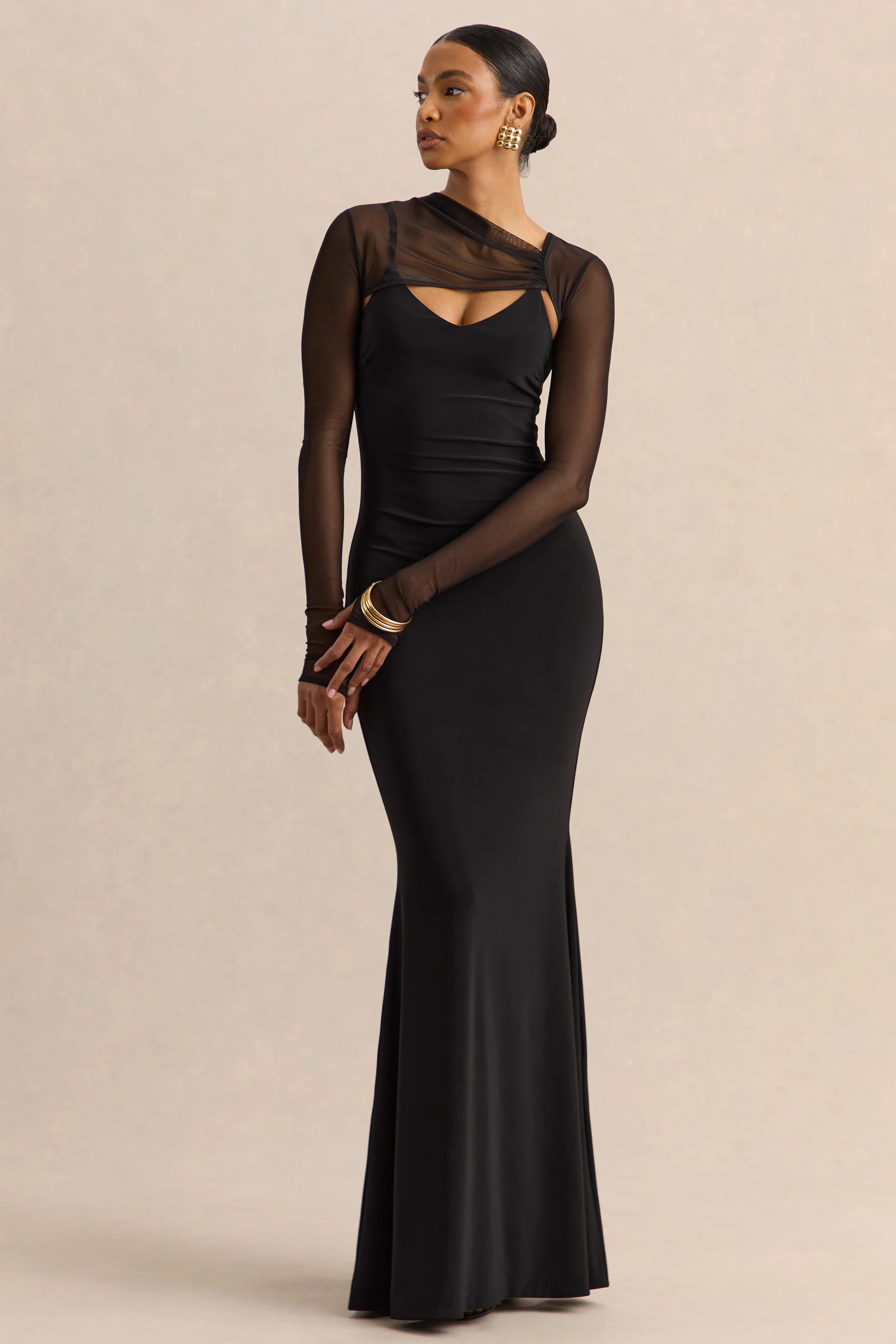 Coralia | Zwarte Asymmetrische Hals Maxi Jurk Met Lange Mesh Mouwen - Image 5