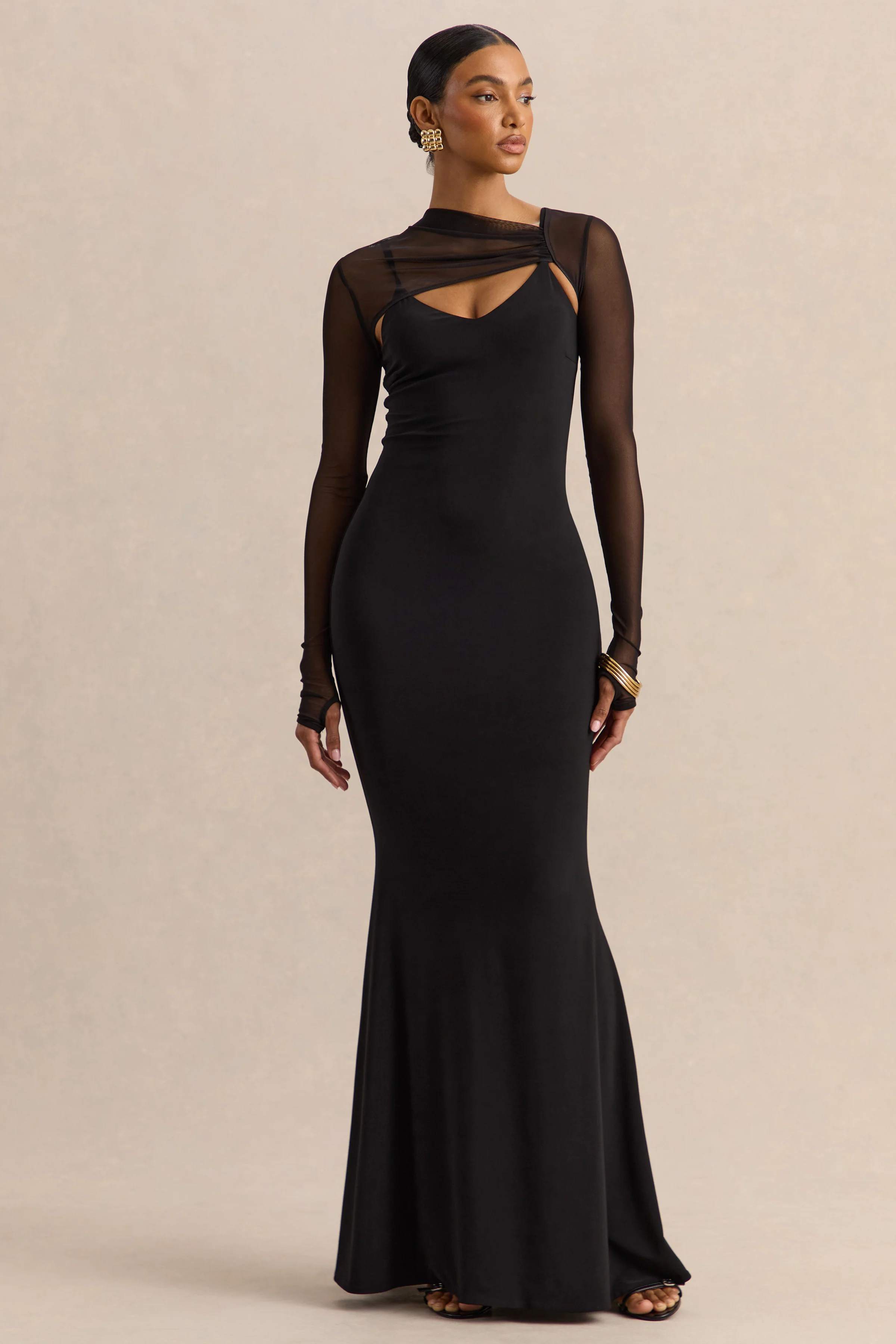 Coralia | Zwarte Asymmetrische Hals Maxi Jurk Met Lange Mesh Mouwen - Image 6