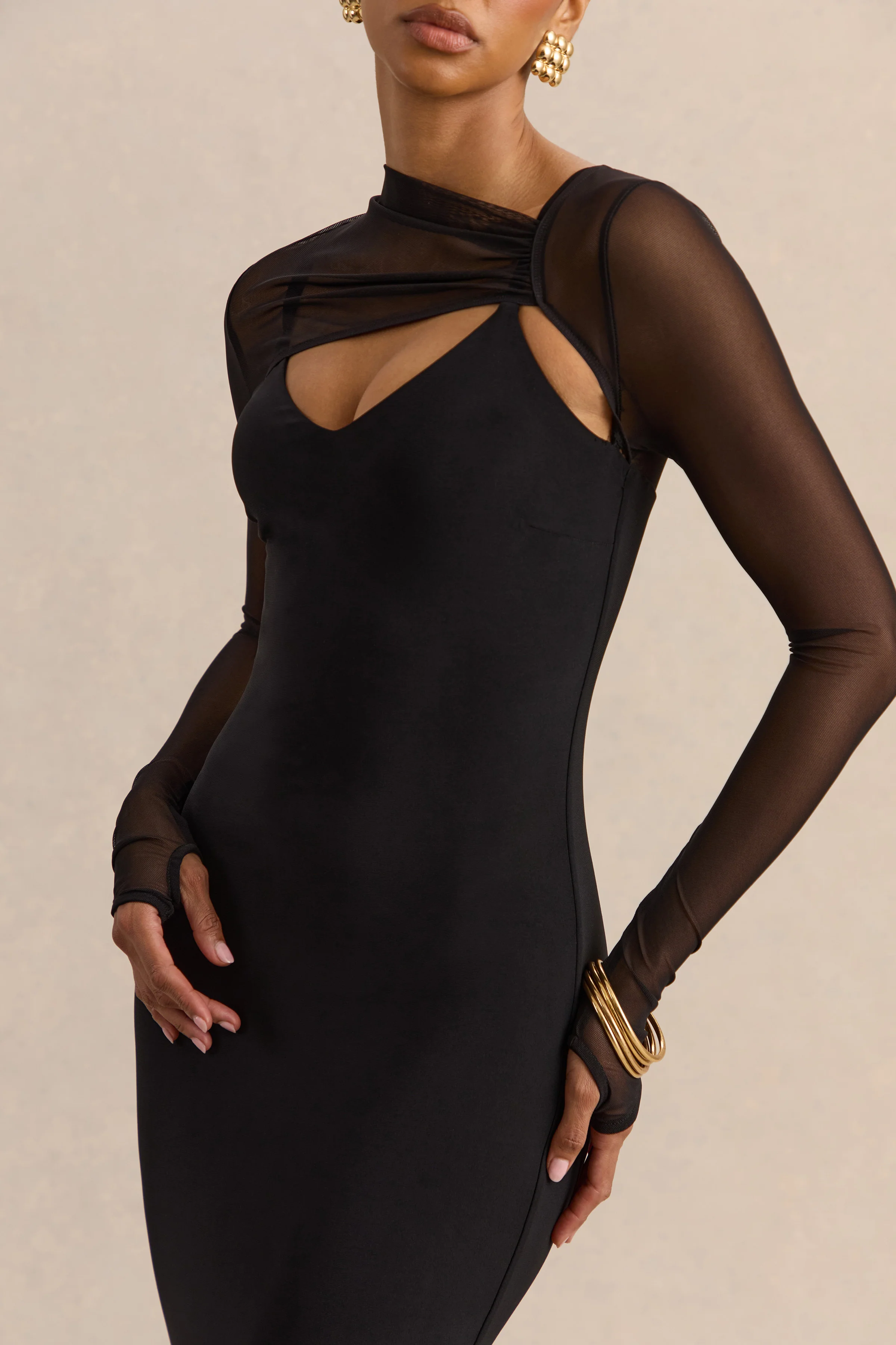 Coralia | Zwarte Asymmetrische Hals Maxi Jurk Met Lange Mesh Mouwen - Image 8