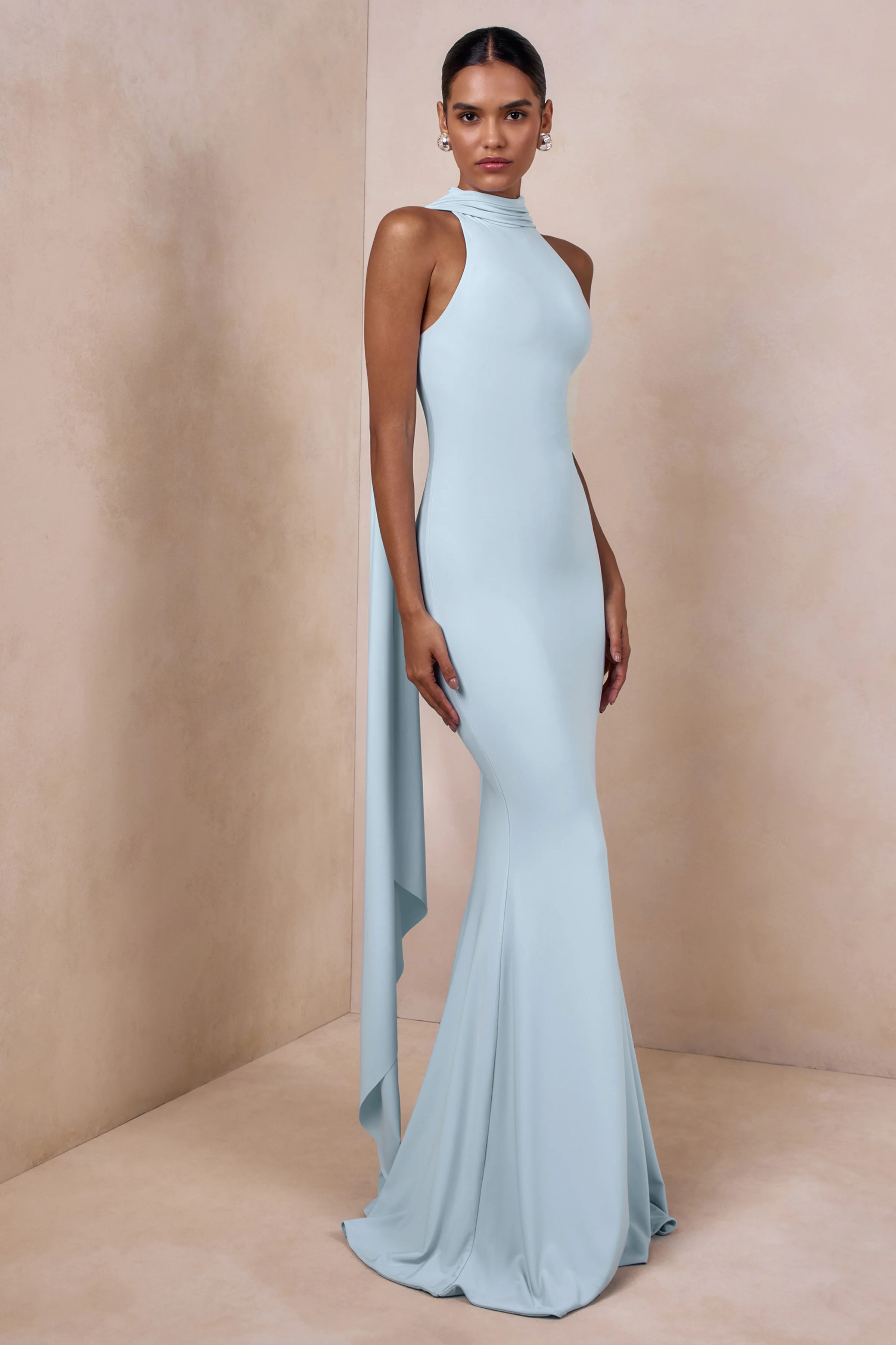 Cordy | Poederblauwe Hoge Hals Maxi Jurk Met Cape Mouwen