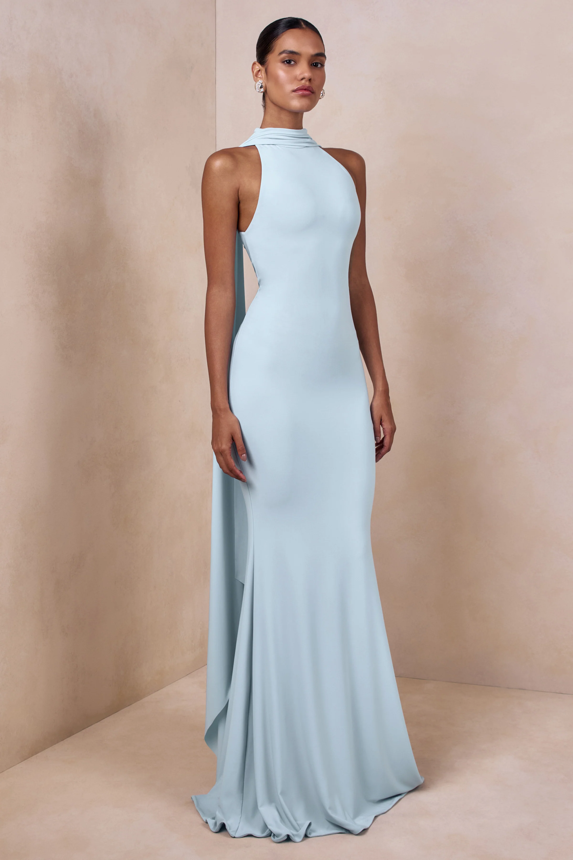 Cordy | Poederblauwe Hoge Hals Maxi Jurk Met Cape Mouwen - Image 4
