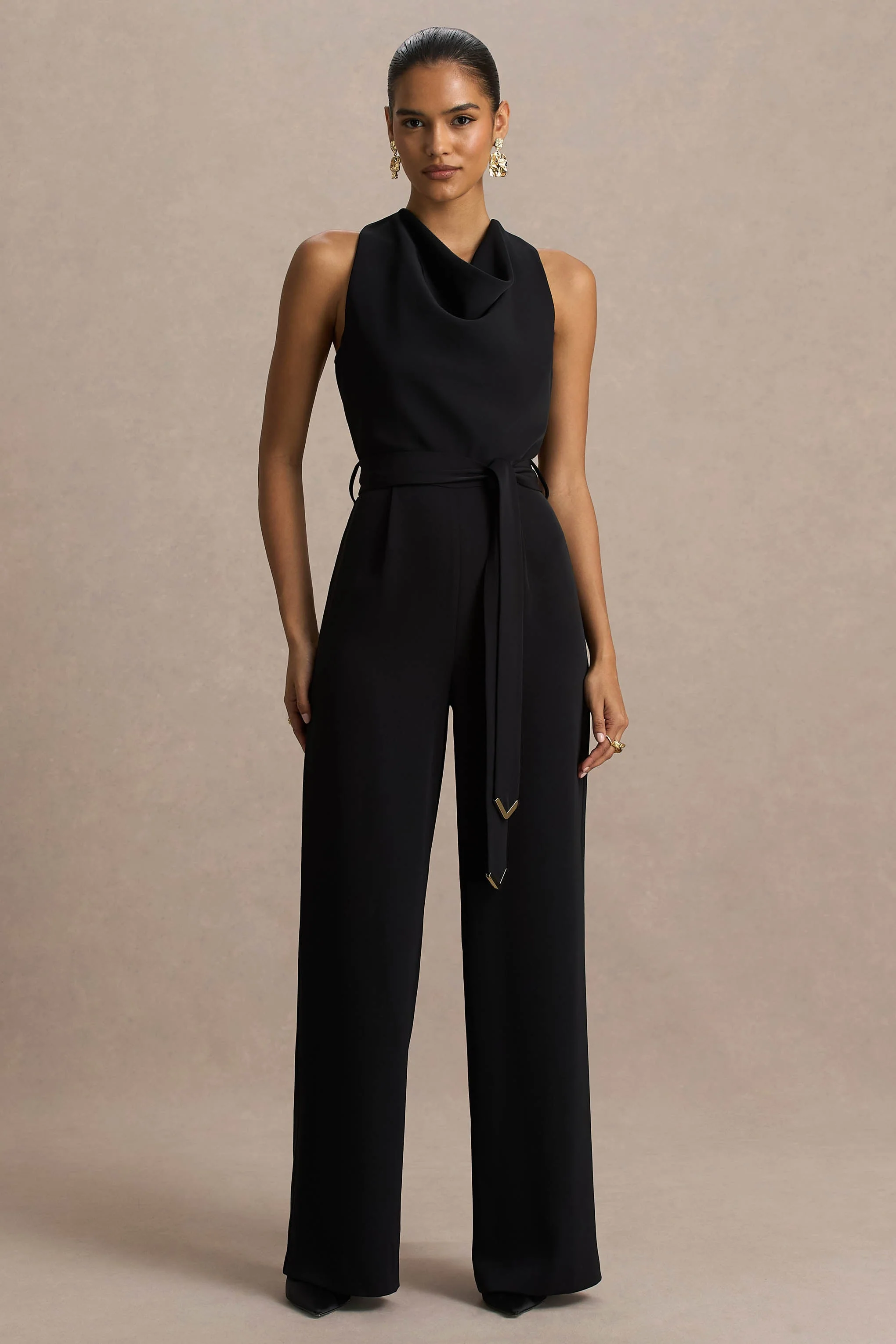 Corina | Zwarte Draperend Hals Jumpsuit Met Geknoopte detail