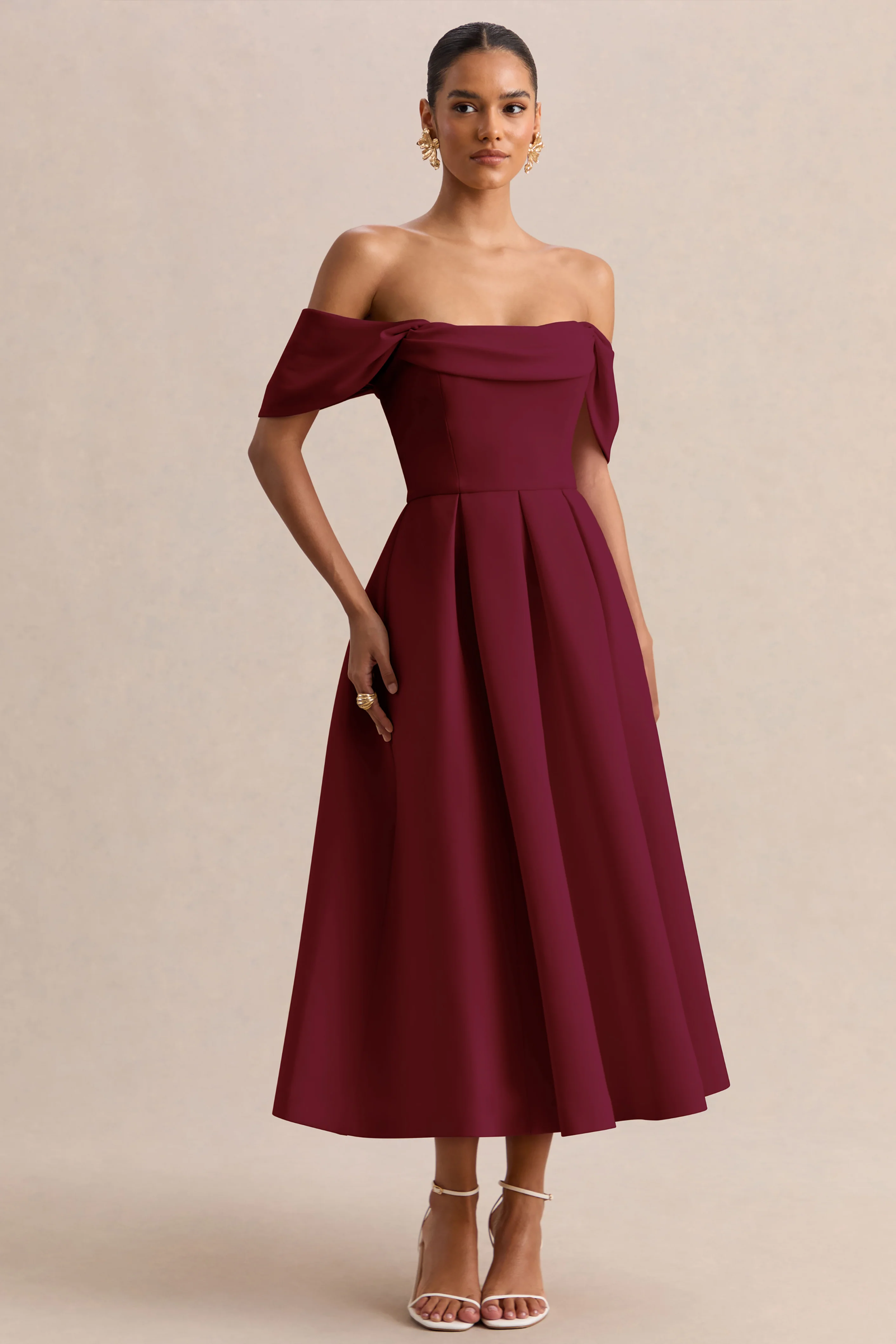 Cosima | Bordeaux Bardot Hals Midi Jurk - Image 4