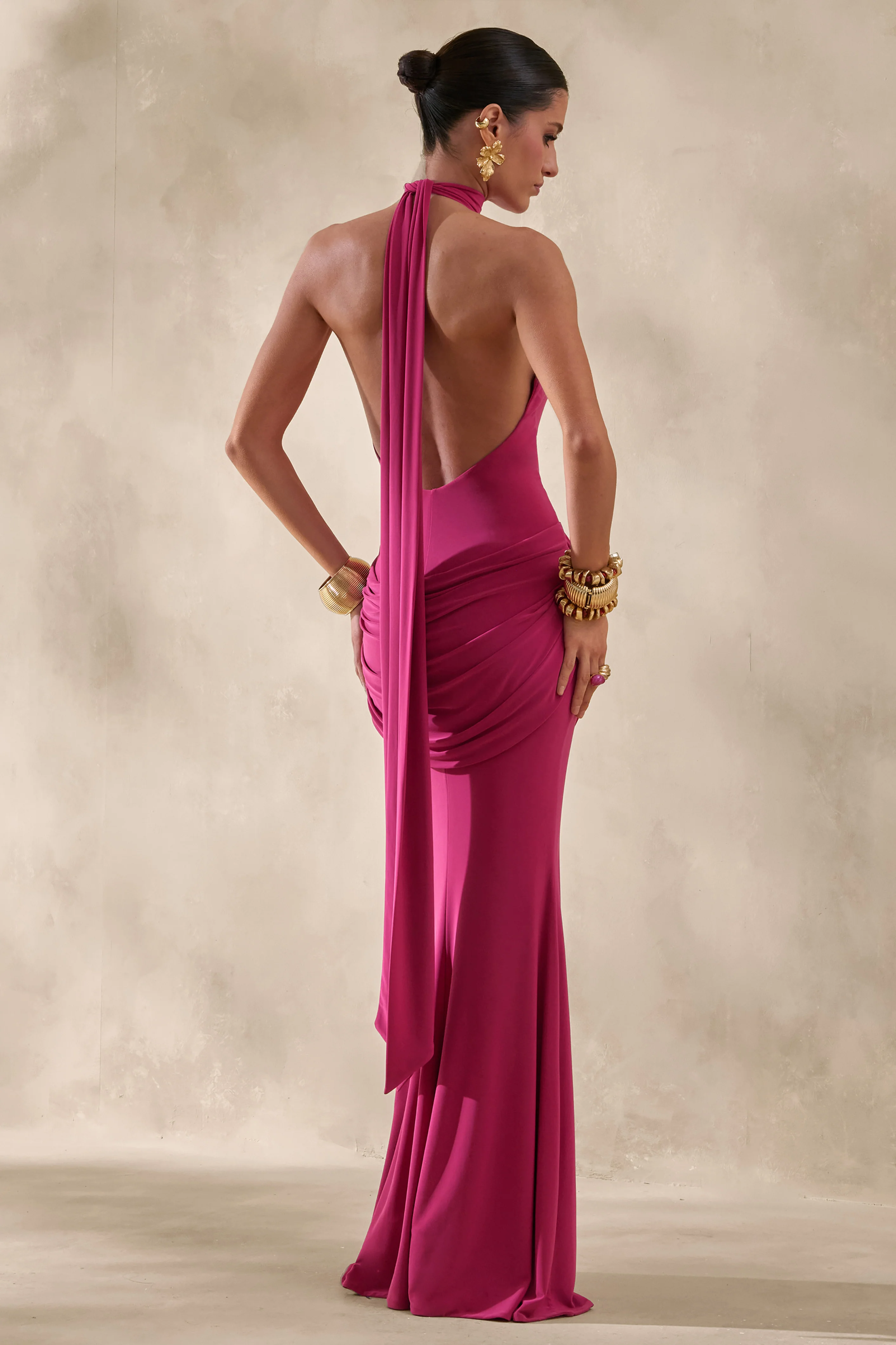 Daisy | Felroze Halternek Maxi Jurk Met Draperende Details
