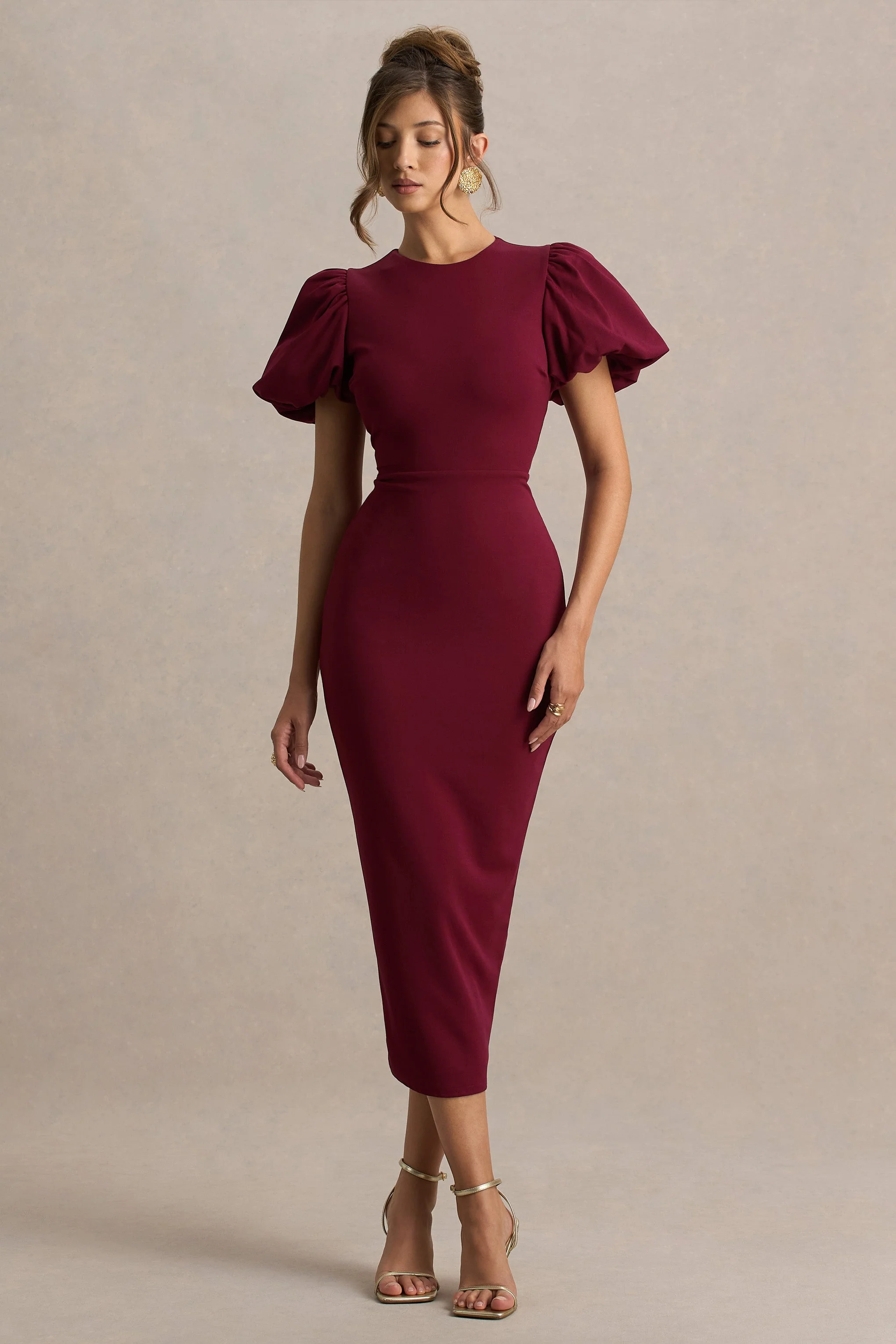 Dakota | Bordeaux Pof Mouw Midi Jurk - Image 3