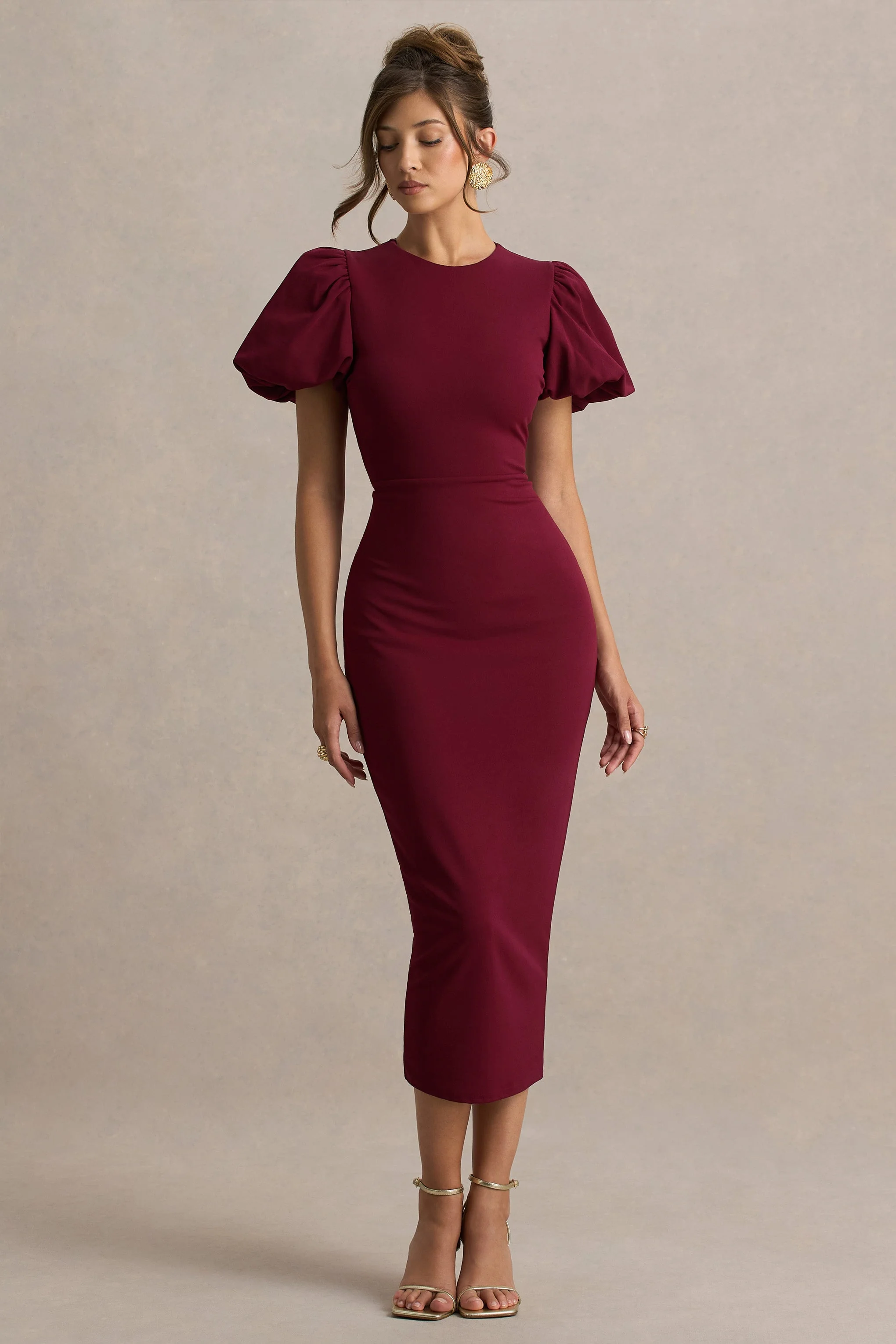 Dakota | Bordeaux Pof Mouw Midi Jurk - Image 4