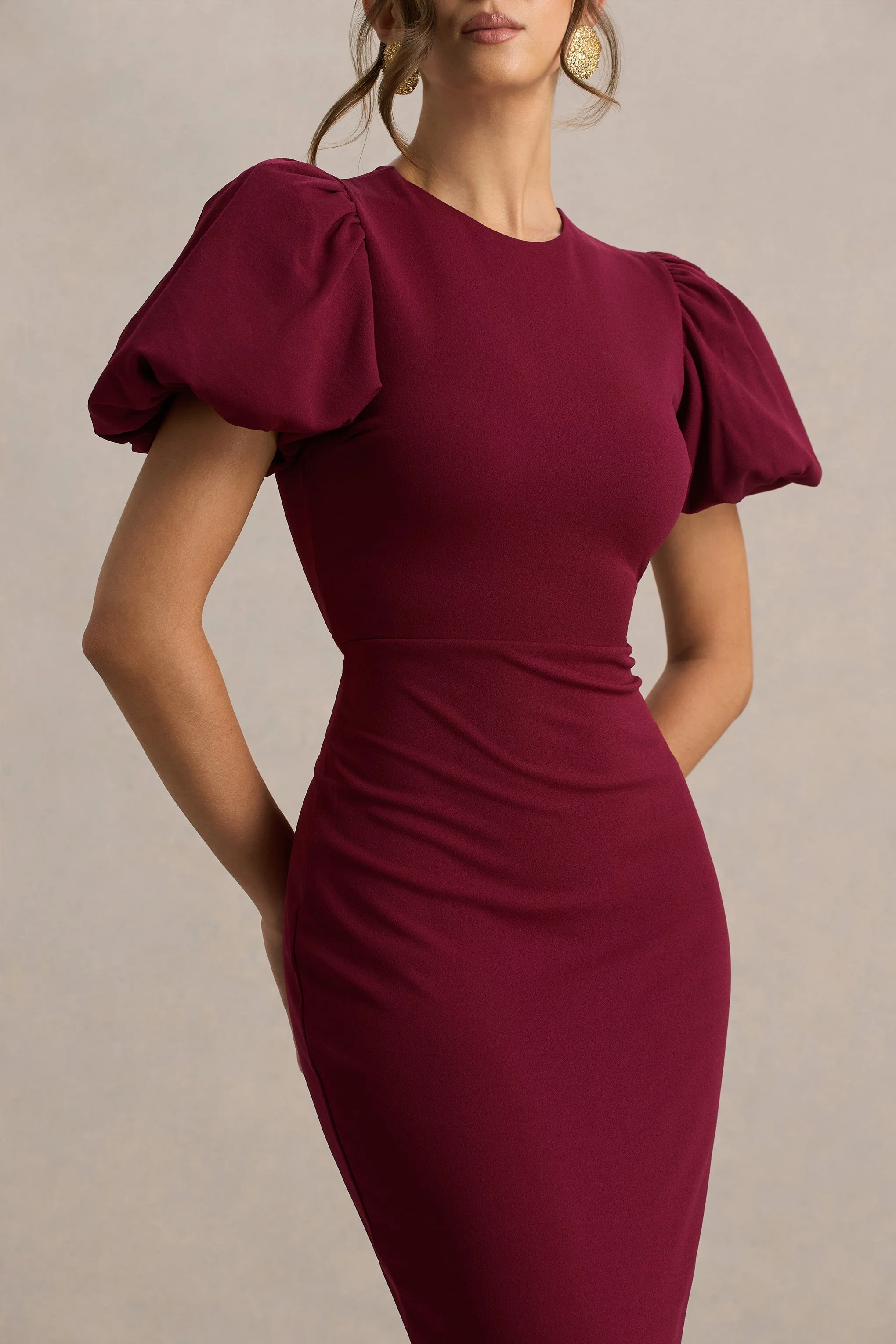 Dakota | Bordeaux Pof Mouw Midi Jurk - Image 5
