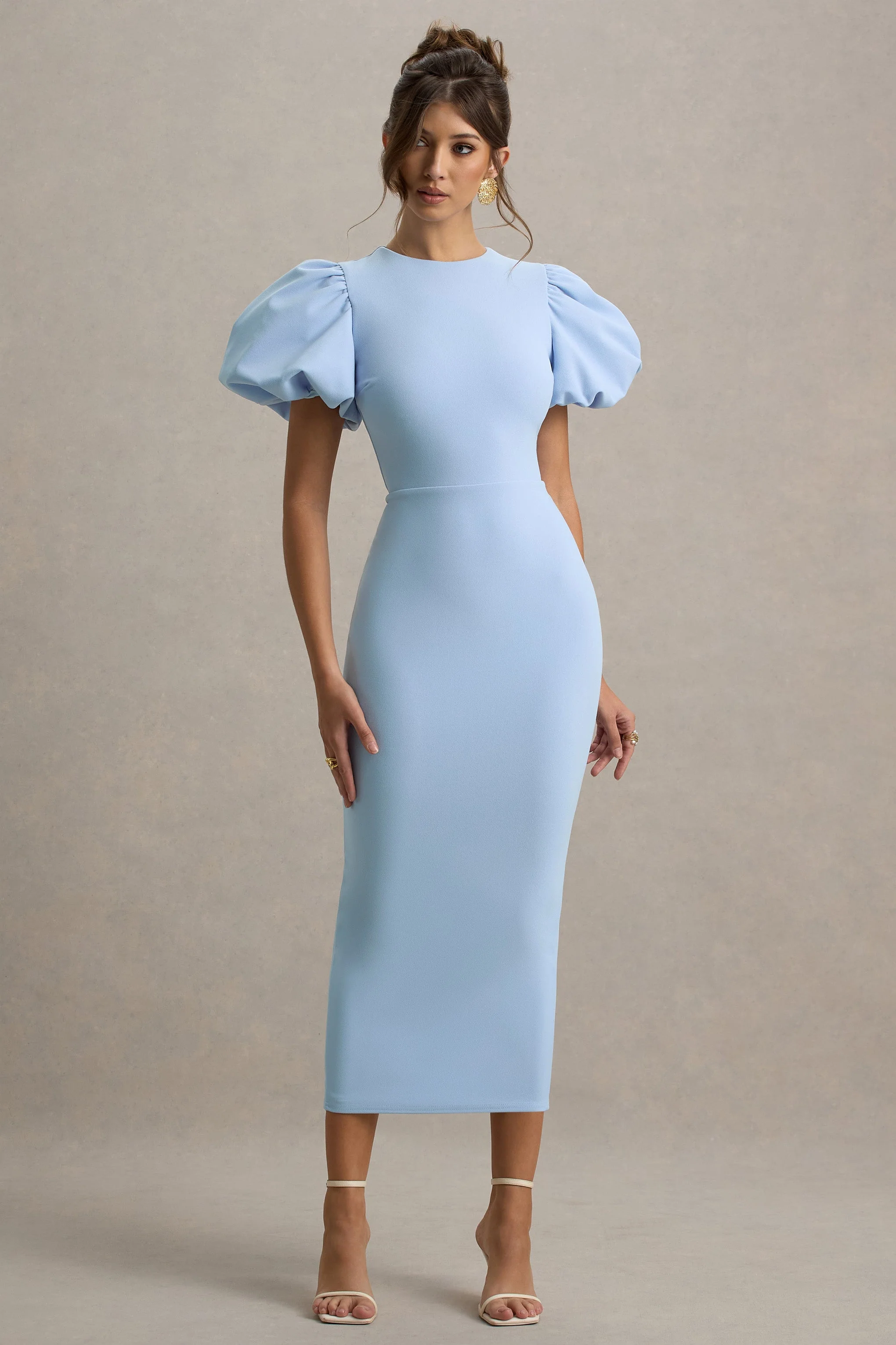 Dakota | Poederblauwe Pof Mouw Middi Jurk