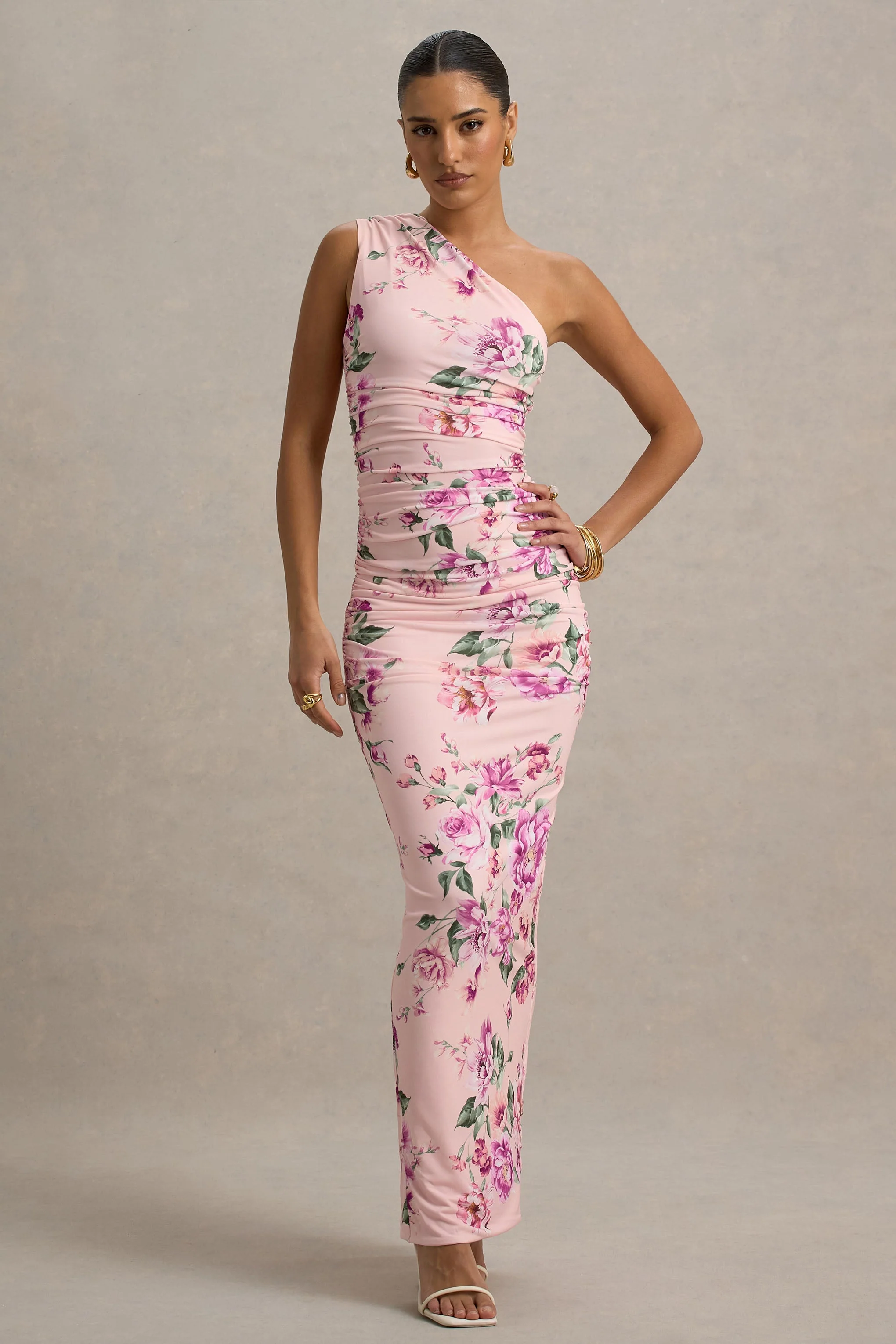 Dalarie | Roze Bloemenprint Gerimpeld Maxi Jurk Met Blote Schouder - Image 3
