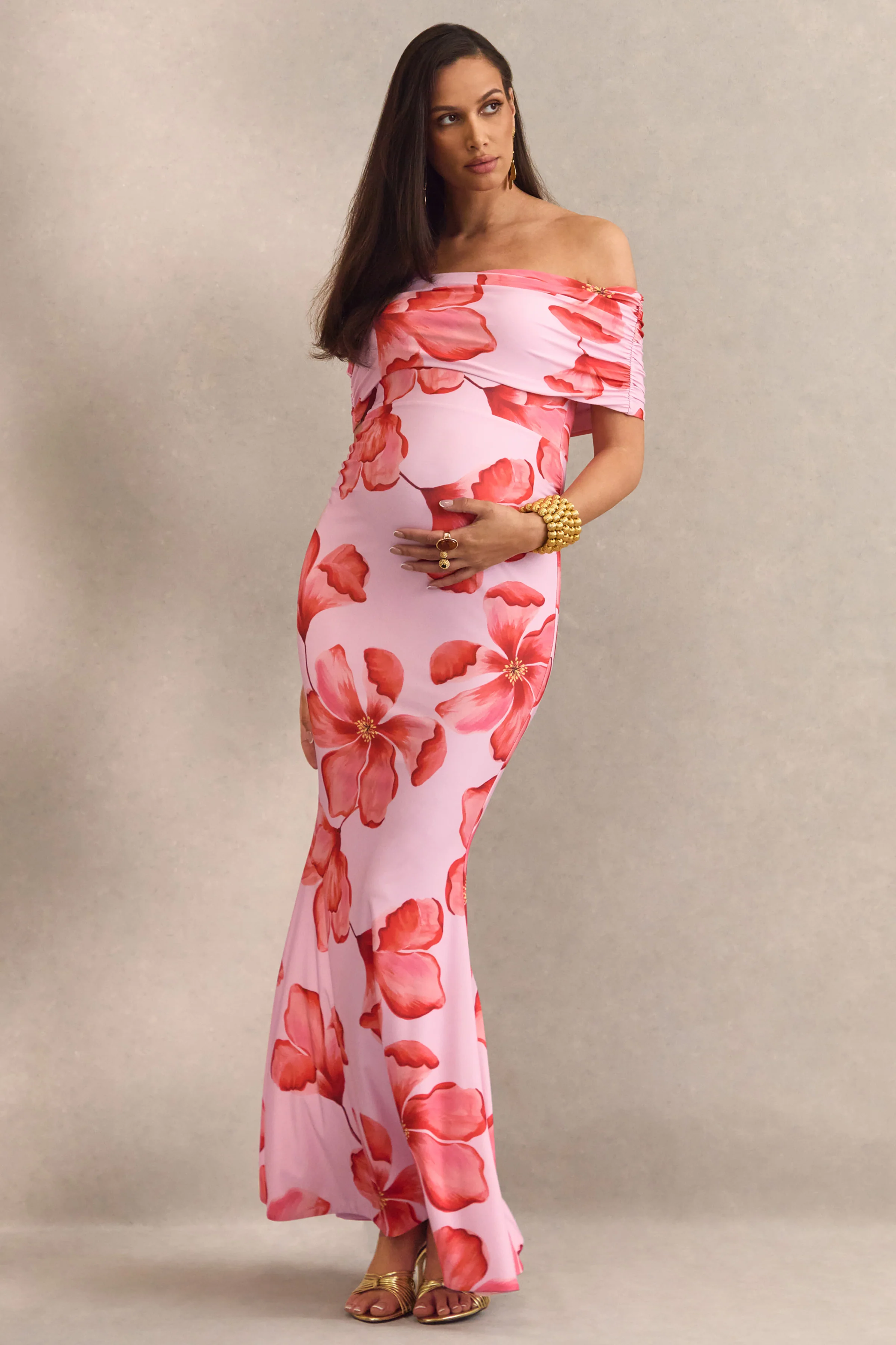 Dalisay | Roze Bloemenprint Zwangerschaps Maxi Jurk Met Bardot‑Hals
