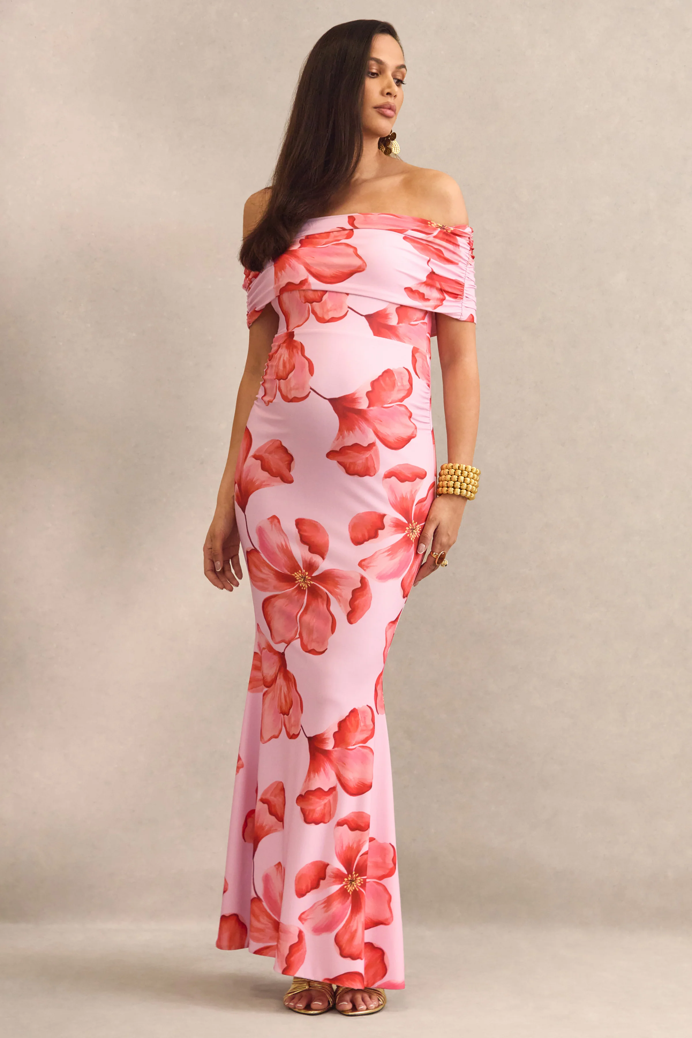 Dalisay | Roze Bloemenprint Zwangerschaps Maxi Jurk Met Bardot‑Hals - Image 4