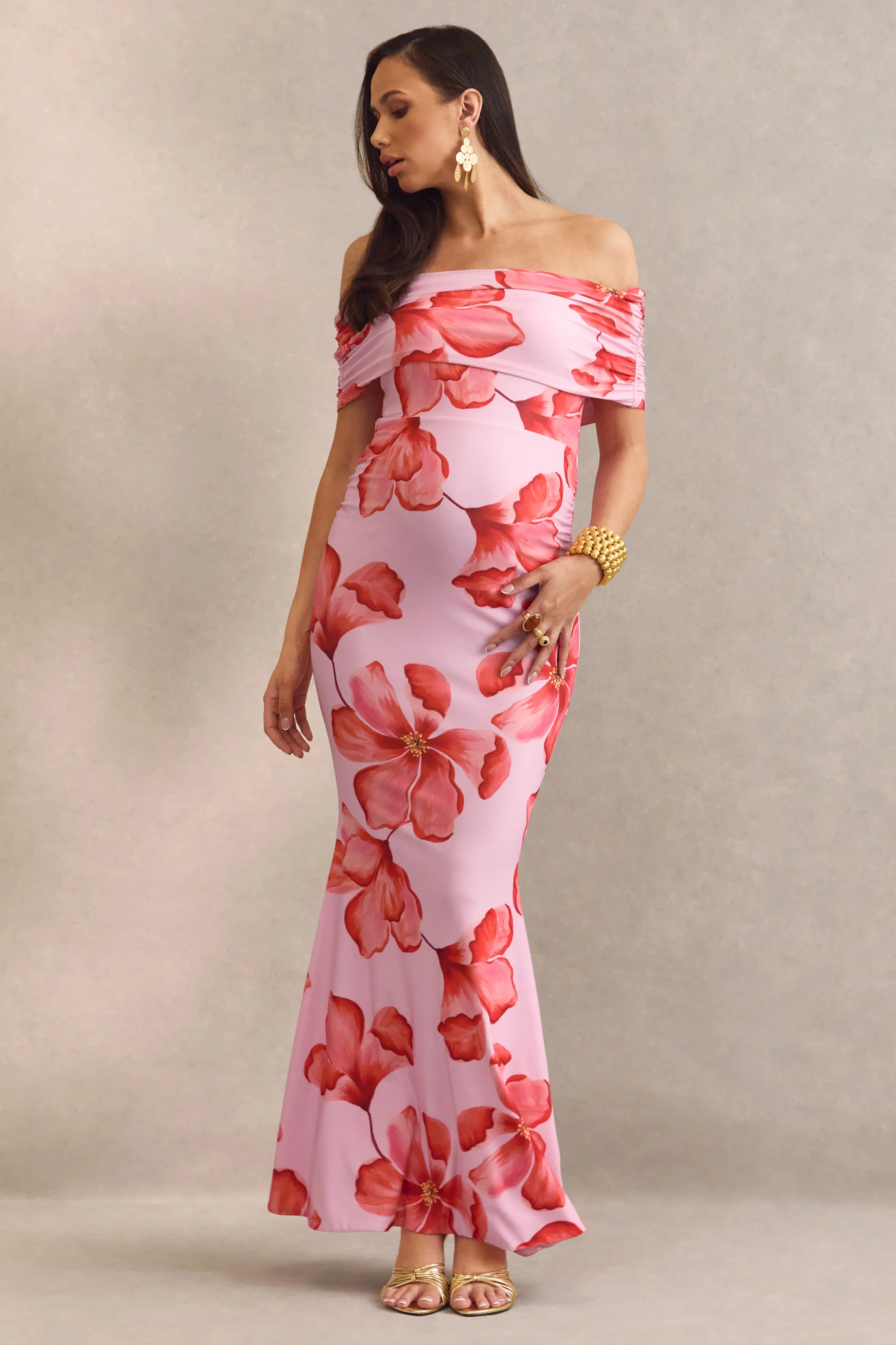 Dalisay | Roze Bloemenprint Zwangerschaps Maxi Jurk Met Bardot‑Hals - Image 5