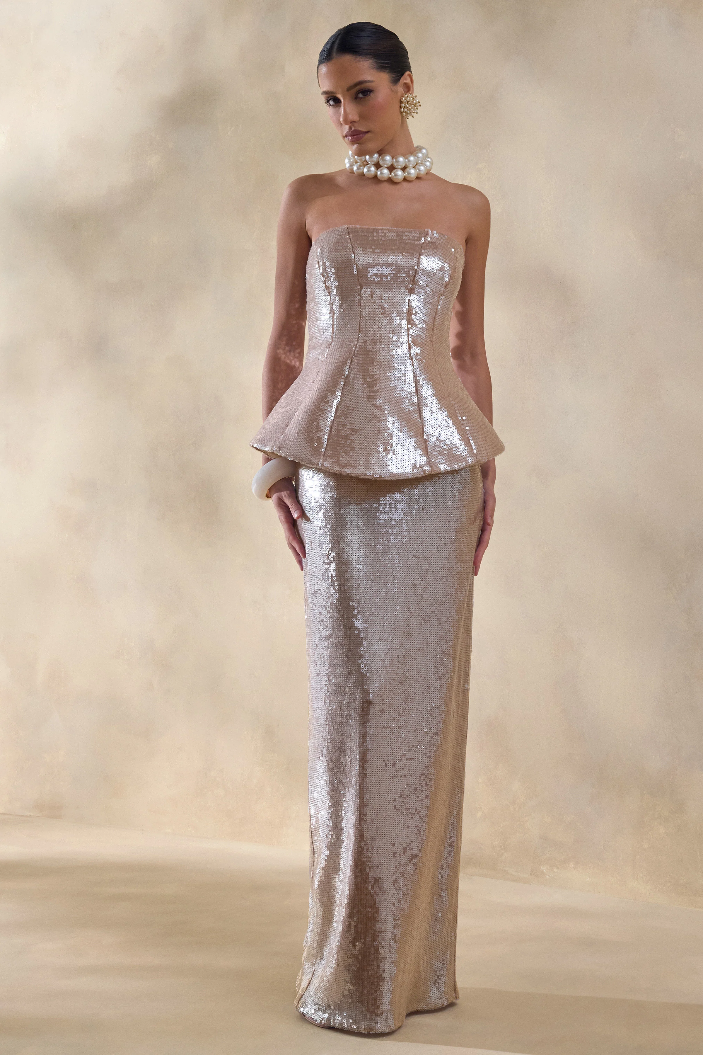 Dalisse | Nude Paillette Bandeau Corset Maxi Jurk