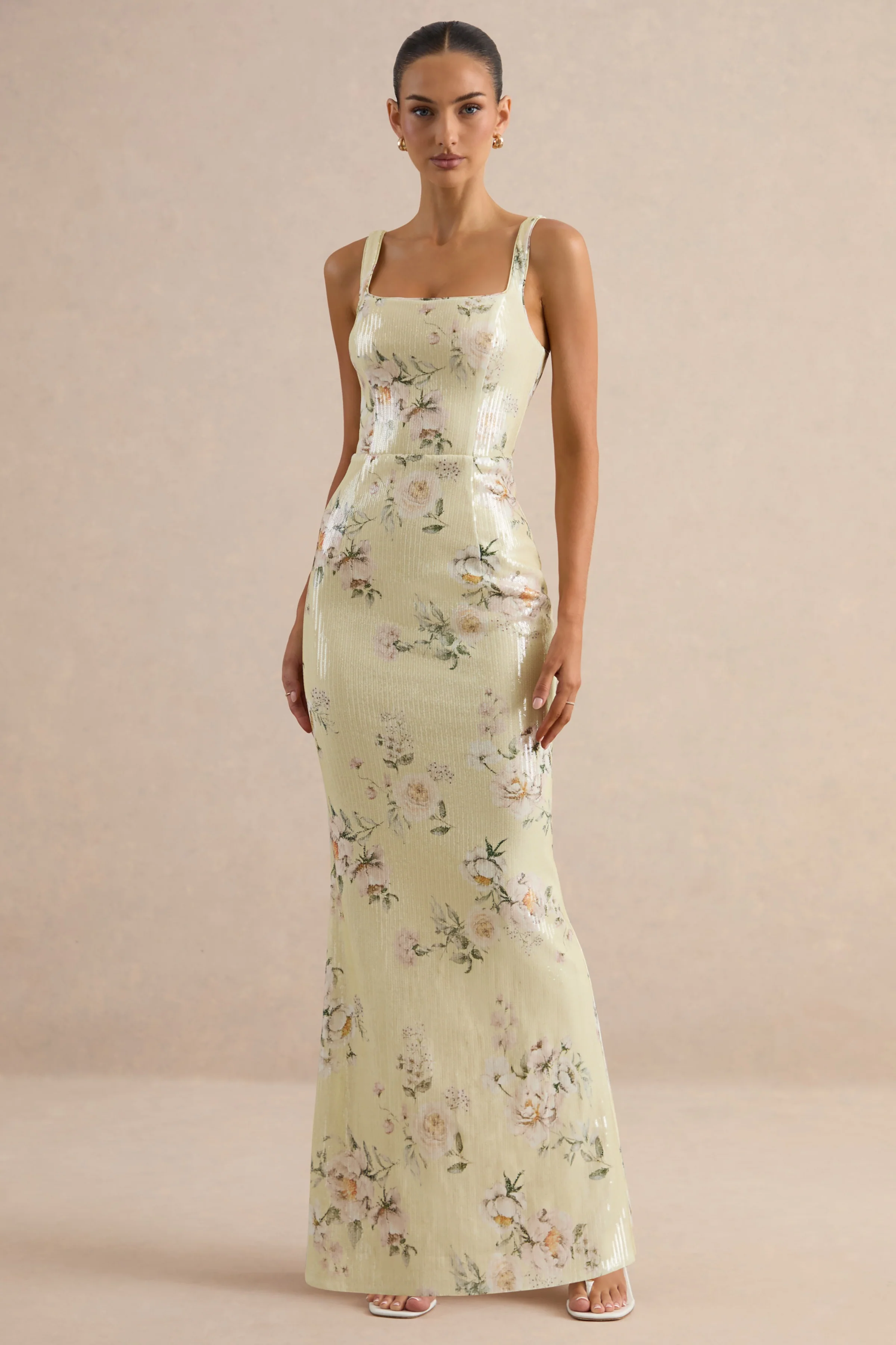 Danette | Gele maxi-jurk met bloemenprint, pailletten en vierkante halslijn - Image 5