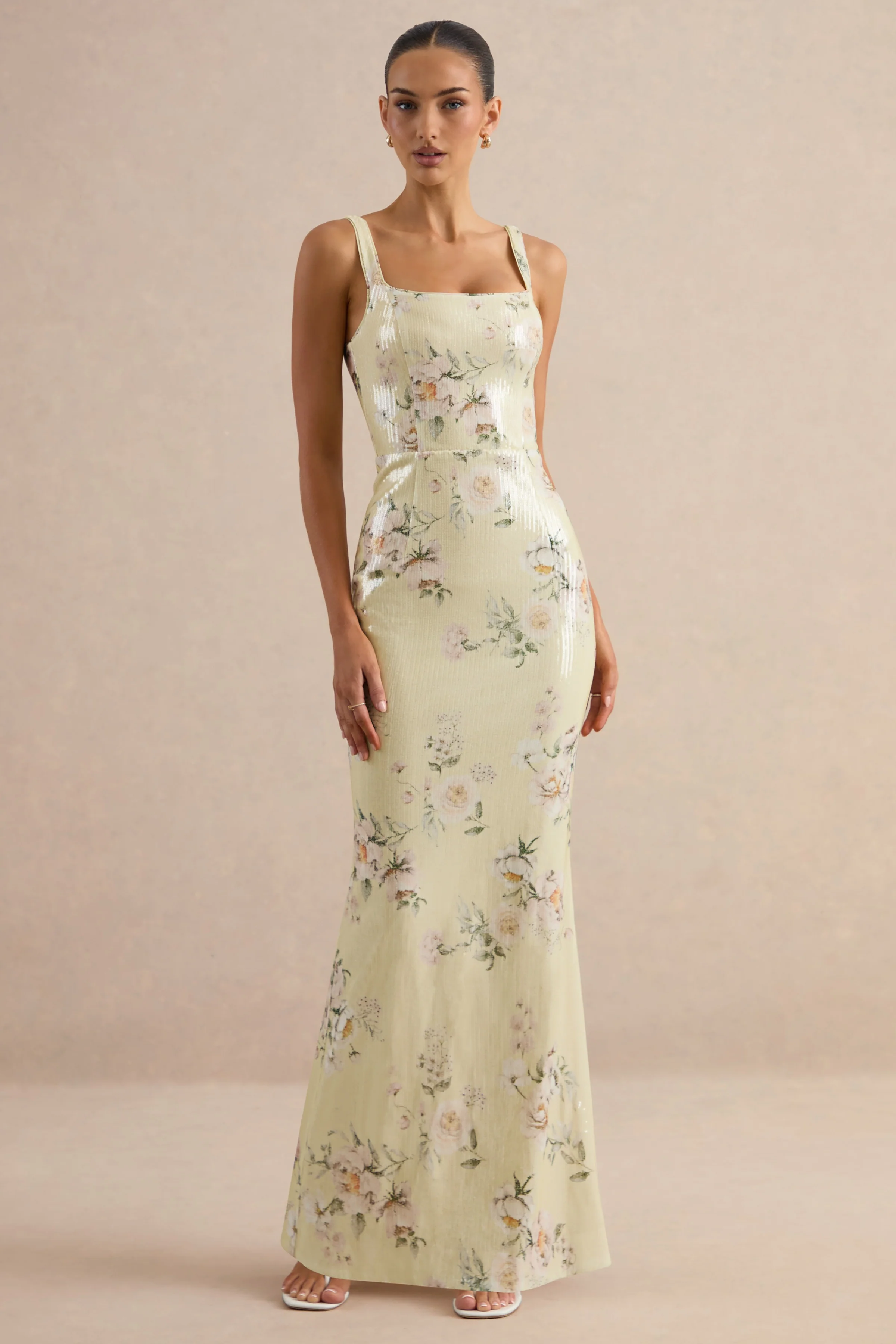 Danette | Gele maxi-jurk met bloemenprint, pailletten en vierkante halslijn - Image 7