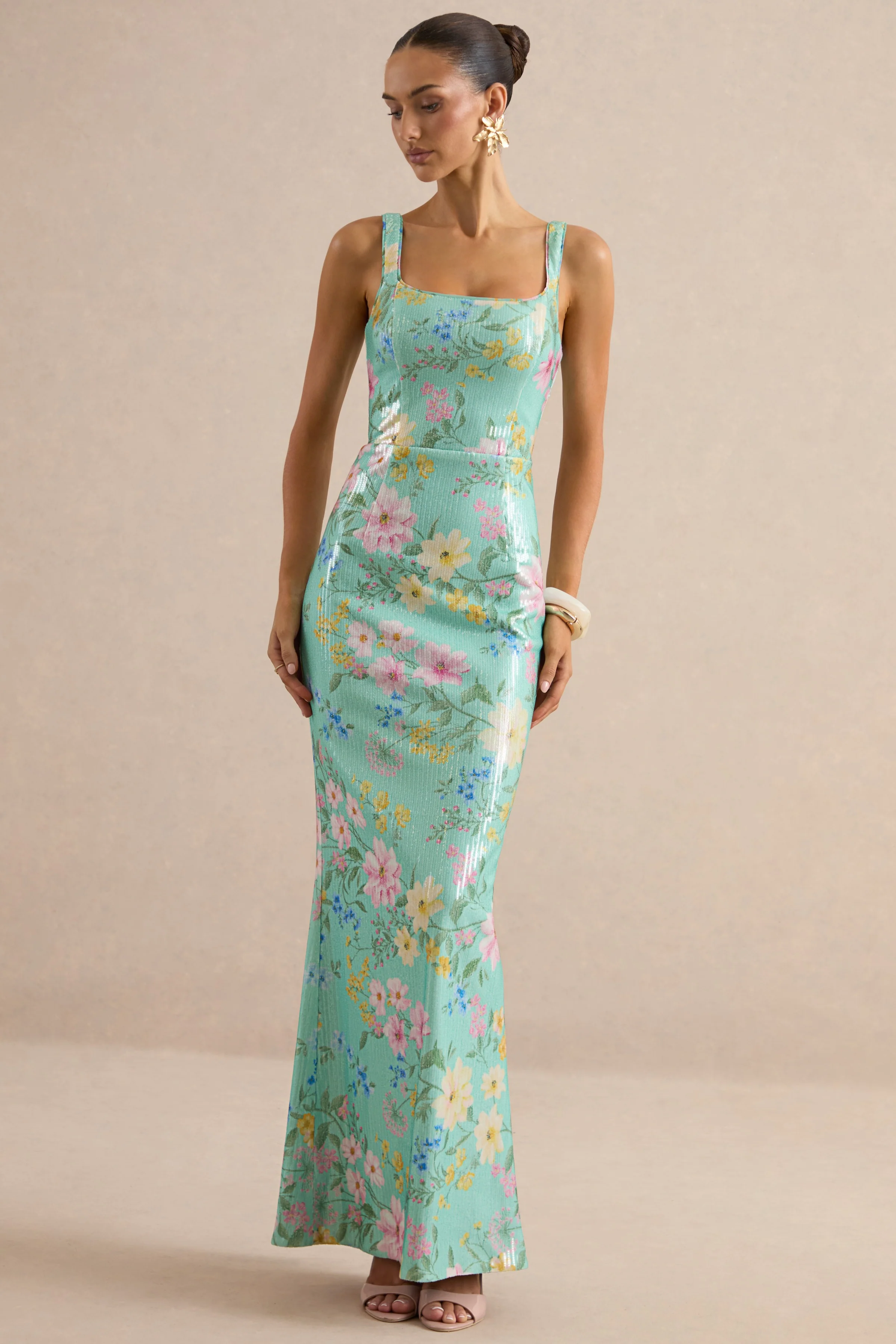 Danette | Mint Bloemenprint Pailletten Maxi Jurk Met Vierkante Hals