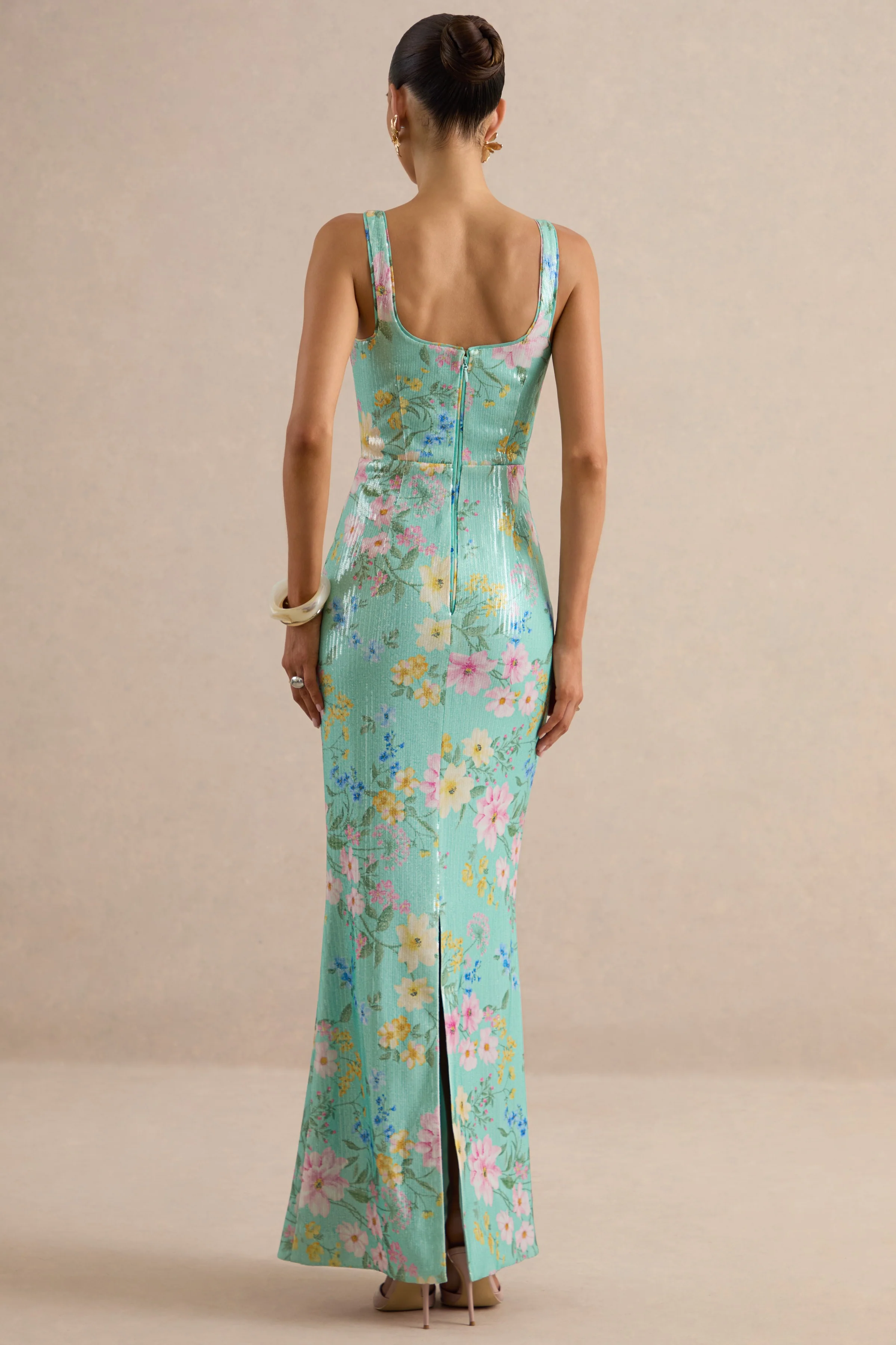 Danette | Mint Bloemenprint Pailletten Maxi Jurk Met Vierkante Hals - Image 2