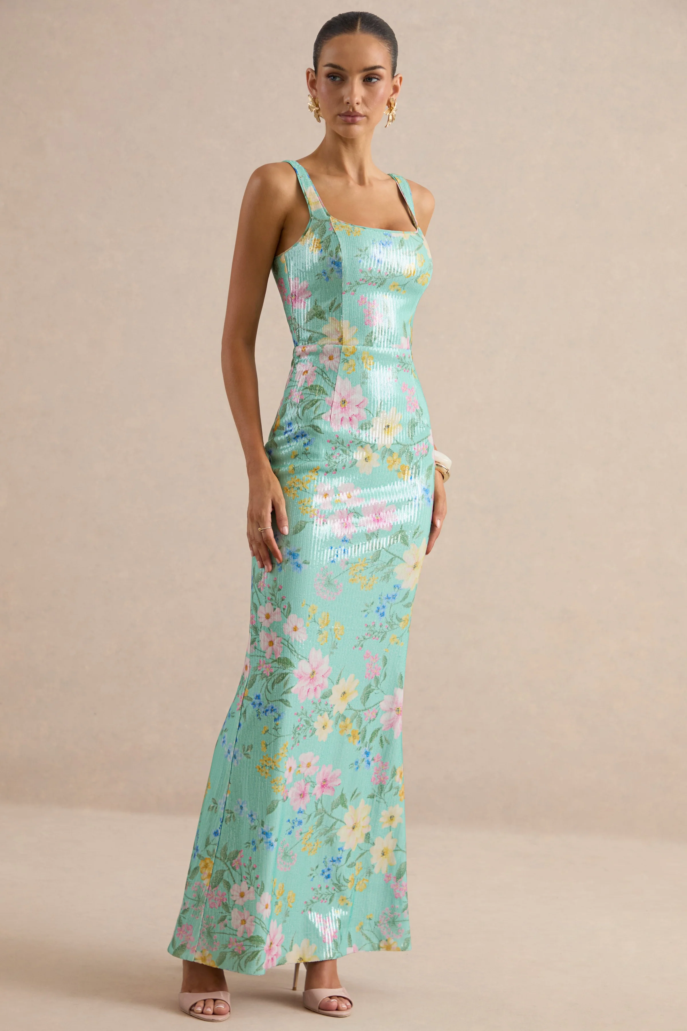 Danette | Mint Bloemenprint Pailletten Maxi Jurk Met Vierkante Hals - Image 4