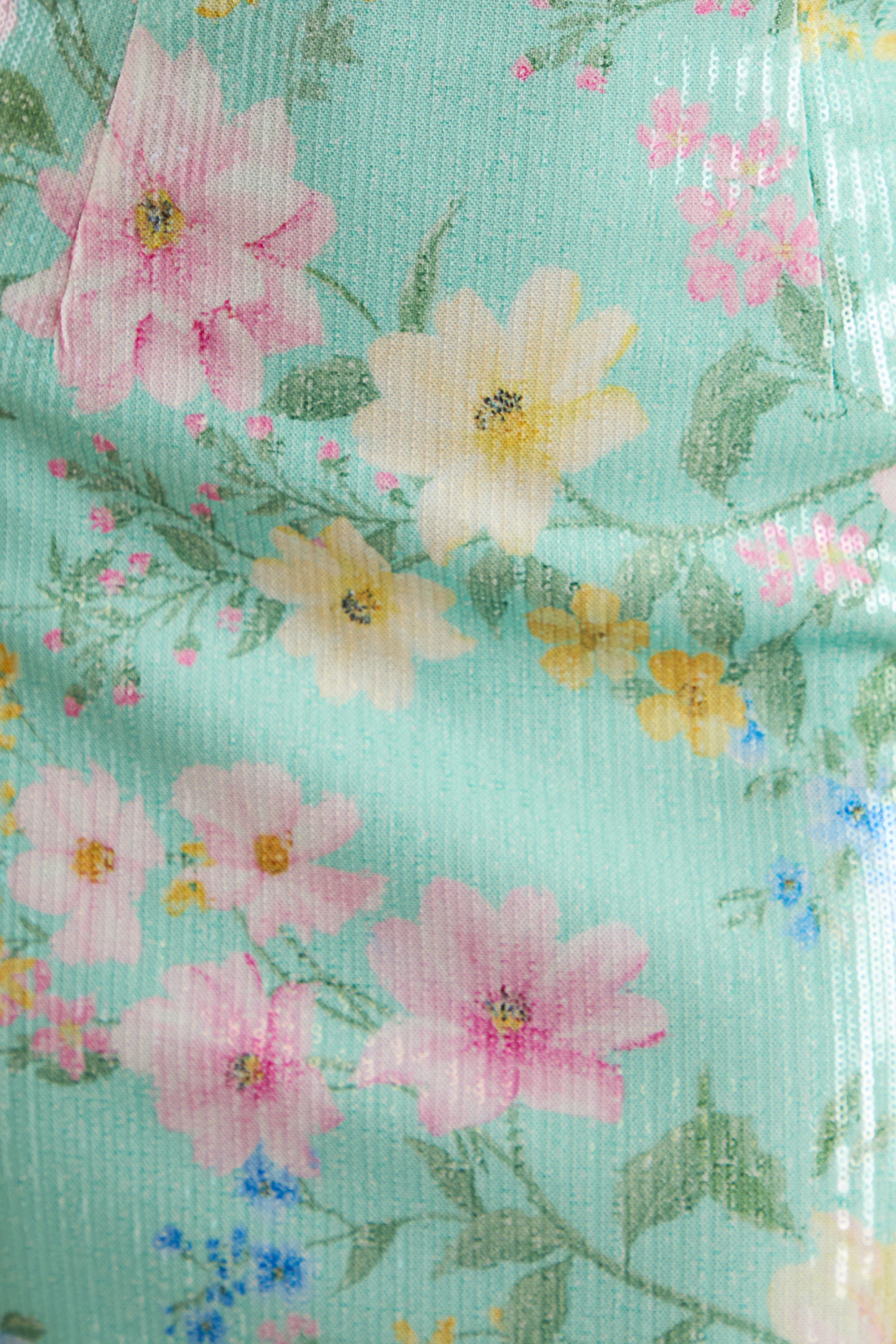 Danette | Mint Bloemenprint Pailletten Maxi Jurk Met Vierkante Hals - Image 6