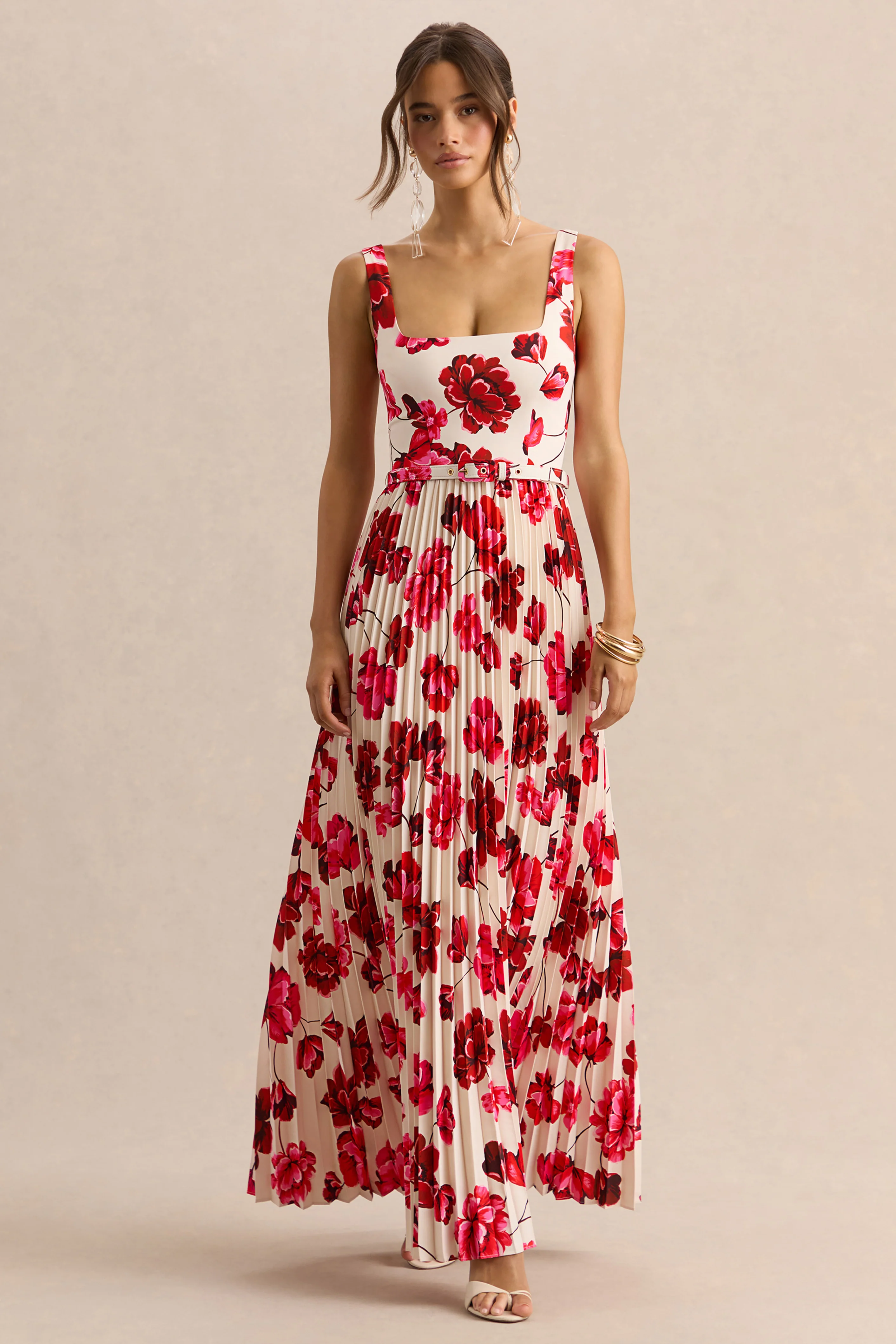 Danika | Felroze Bloemenprint Maxi Jurk Met Vierkante Hals, Ceintuur En Geplooide Rok