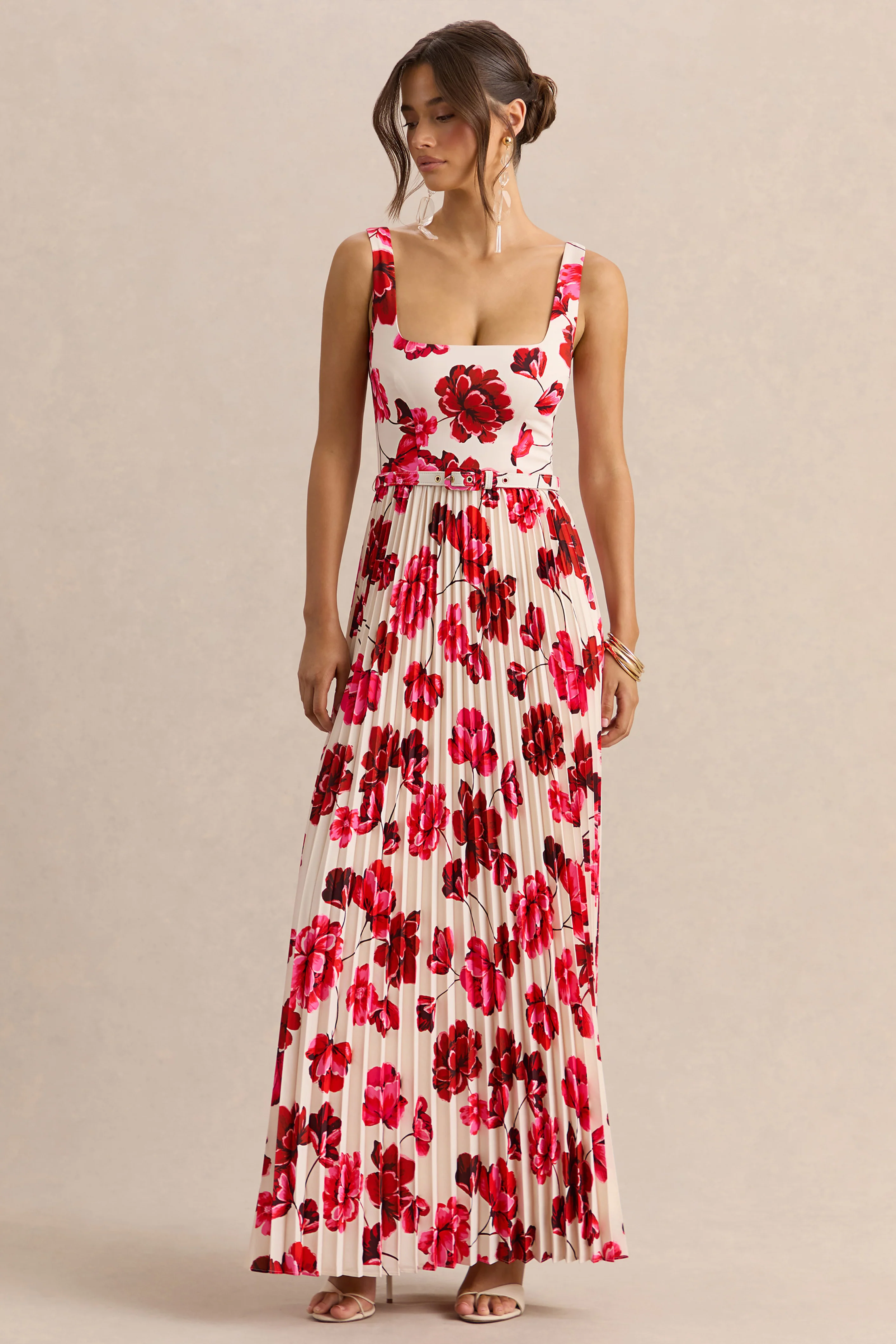 Danika | Felroze Bloemenprint Maxi Jurk Met Vierkante Hals, Ceintuur En Geplooide Rok - Image 4