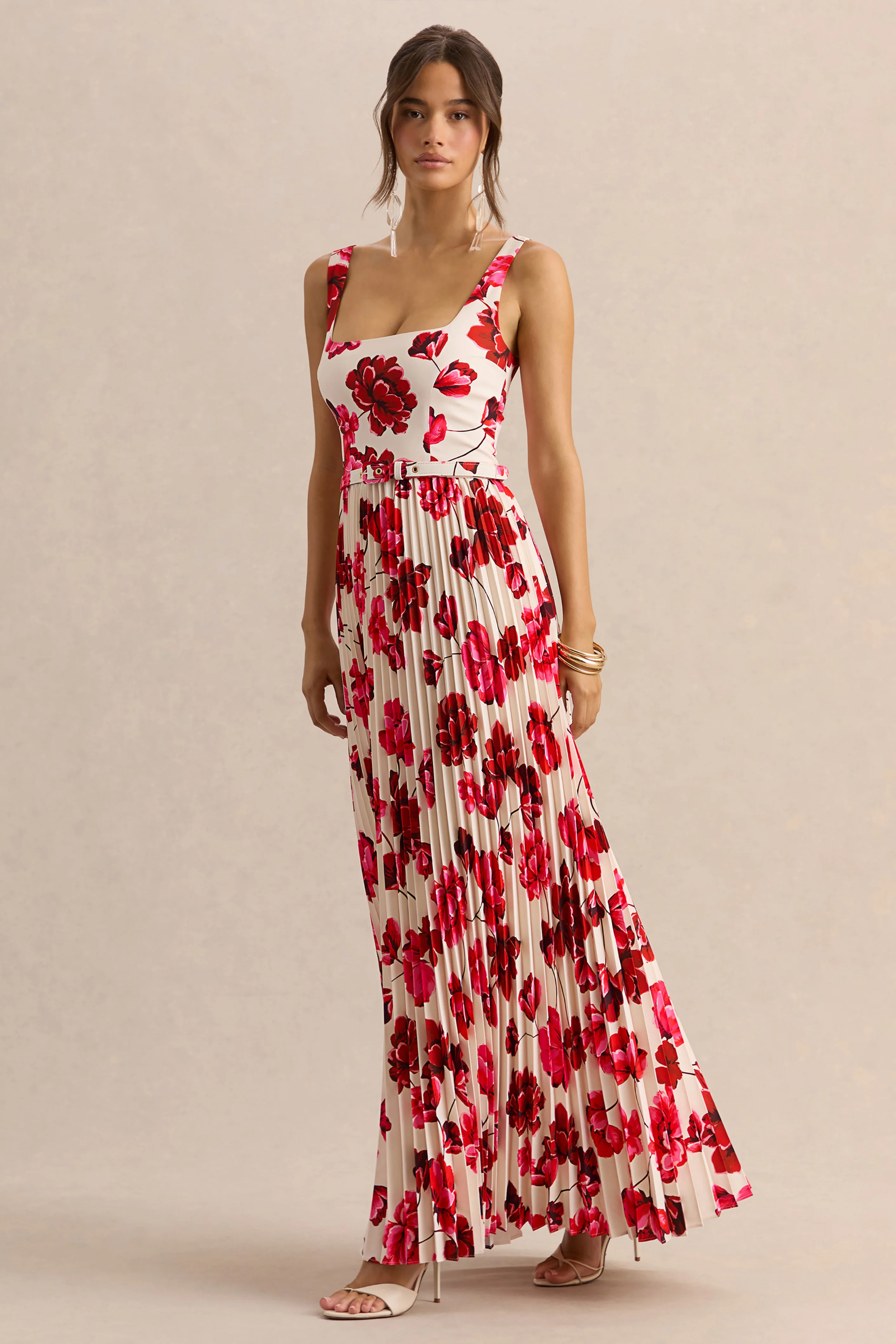 Danika | Felroze Bloemenprint Maxi Jurk Met Vierkante Hals, Ceintuur En Geplooide Rok - Image 5