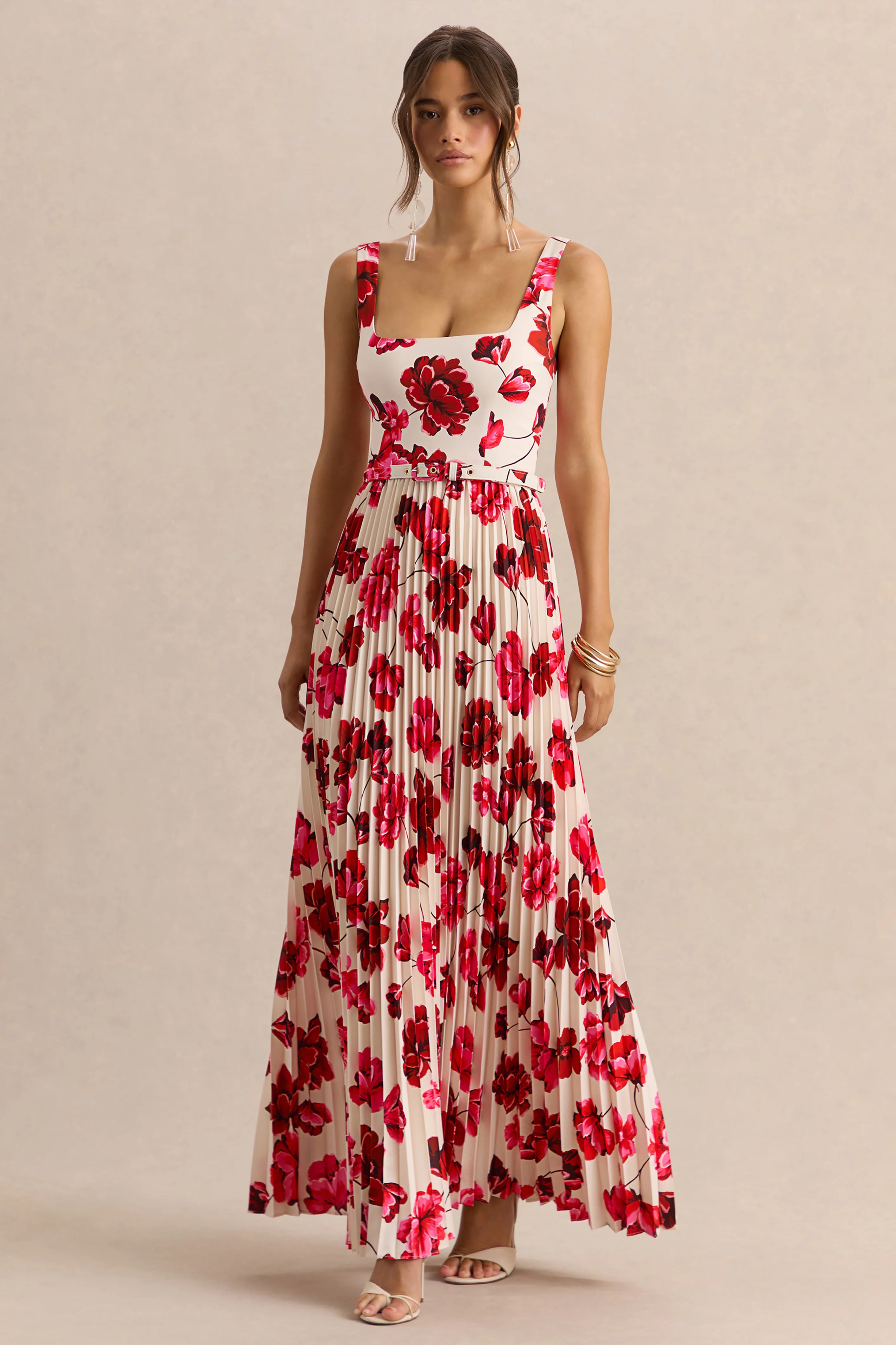 Danika | Felroze Bloemenprint Maxi Jurk Met Vierkante Hals, Ceintuur En Geplooide Rok - Image 6