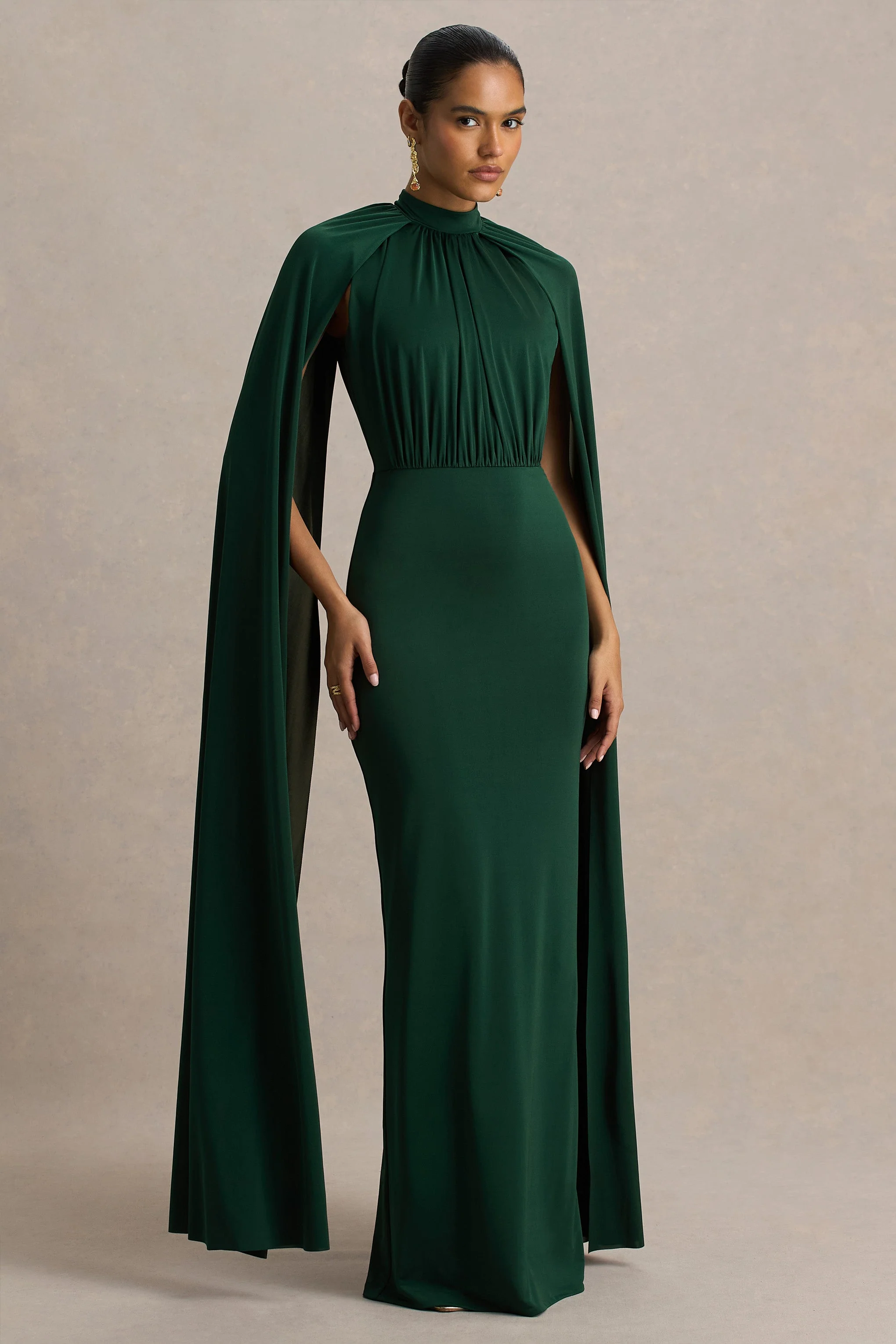 Darielle | Flessengroene Hoge Hals Maxi Jurk Met Cape Mouwen