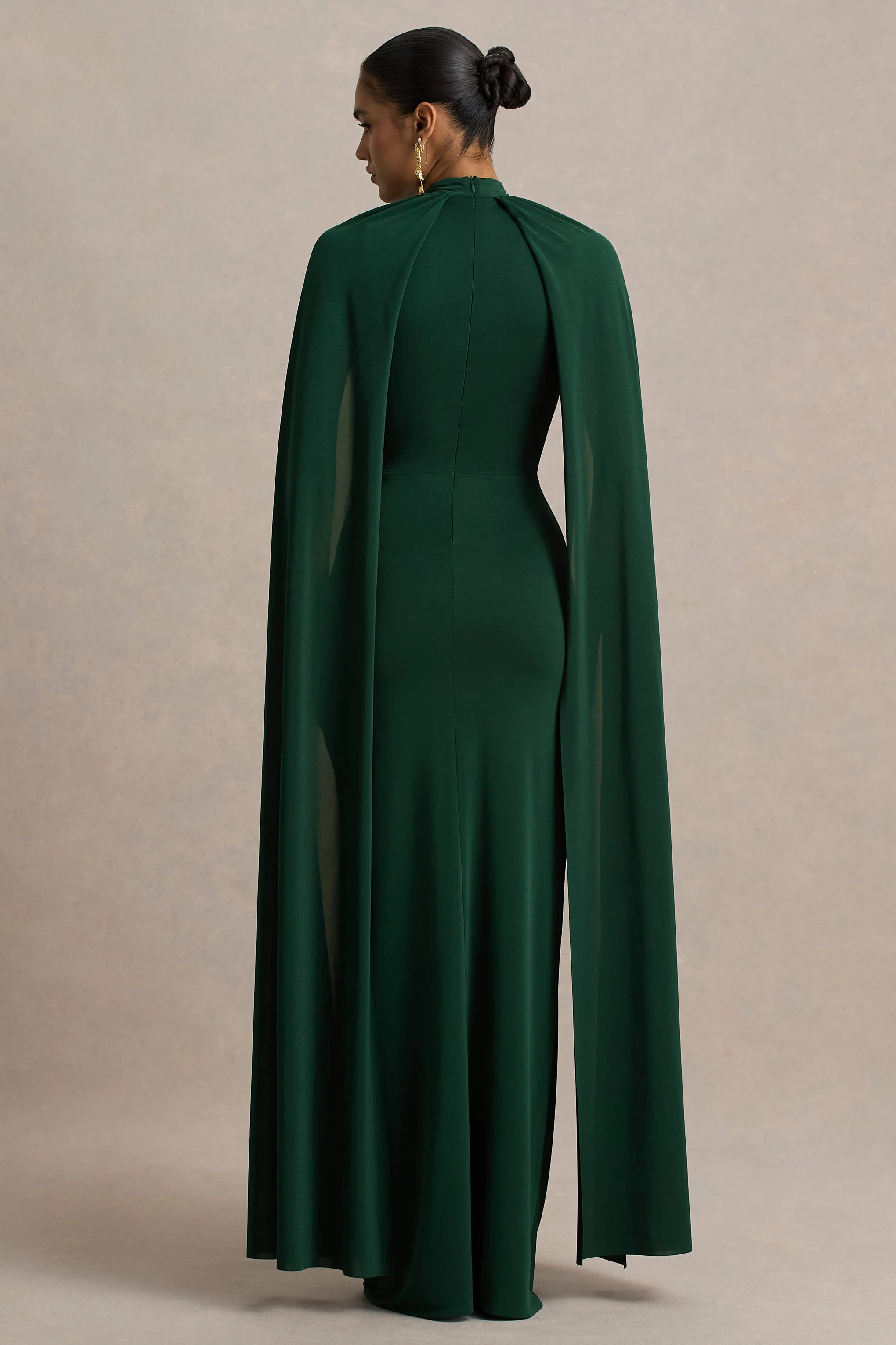 Darielle | Flessengroene Hoge Hals Maxi Jurk Met Cape Mouwen - Image 2