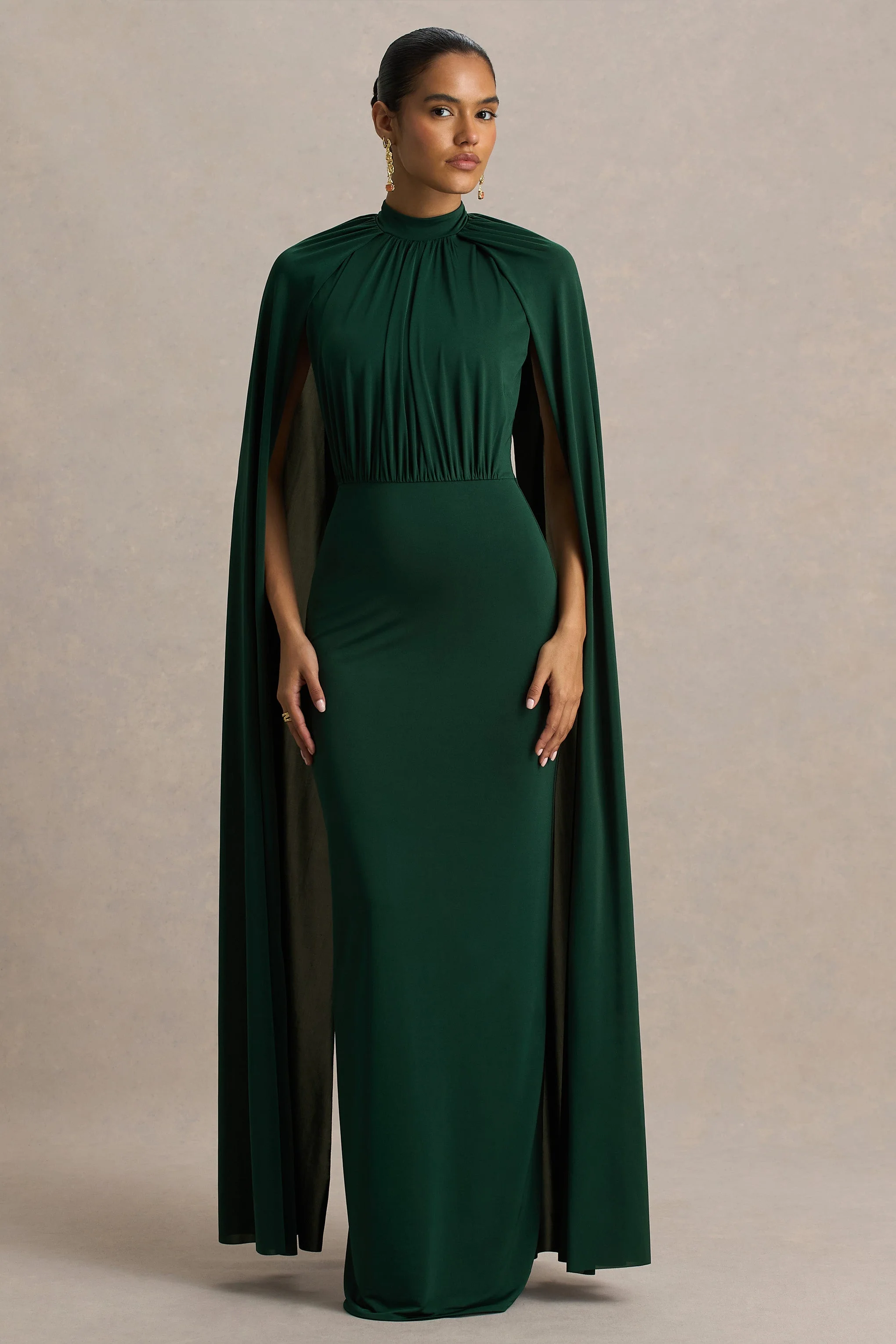 Darielle | Flessengroene Hoge Hals Maxi Jurk Met Cape Mouwen - Image 4
