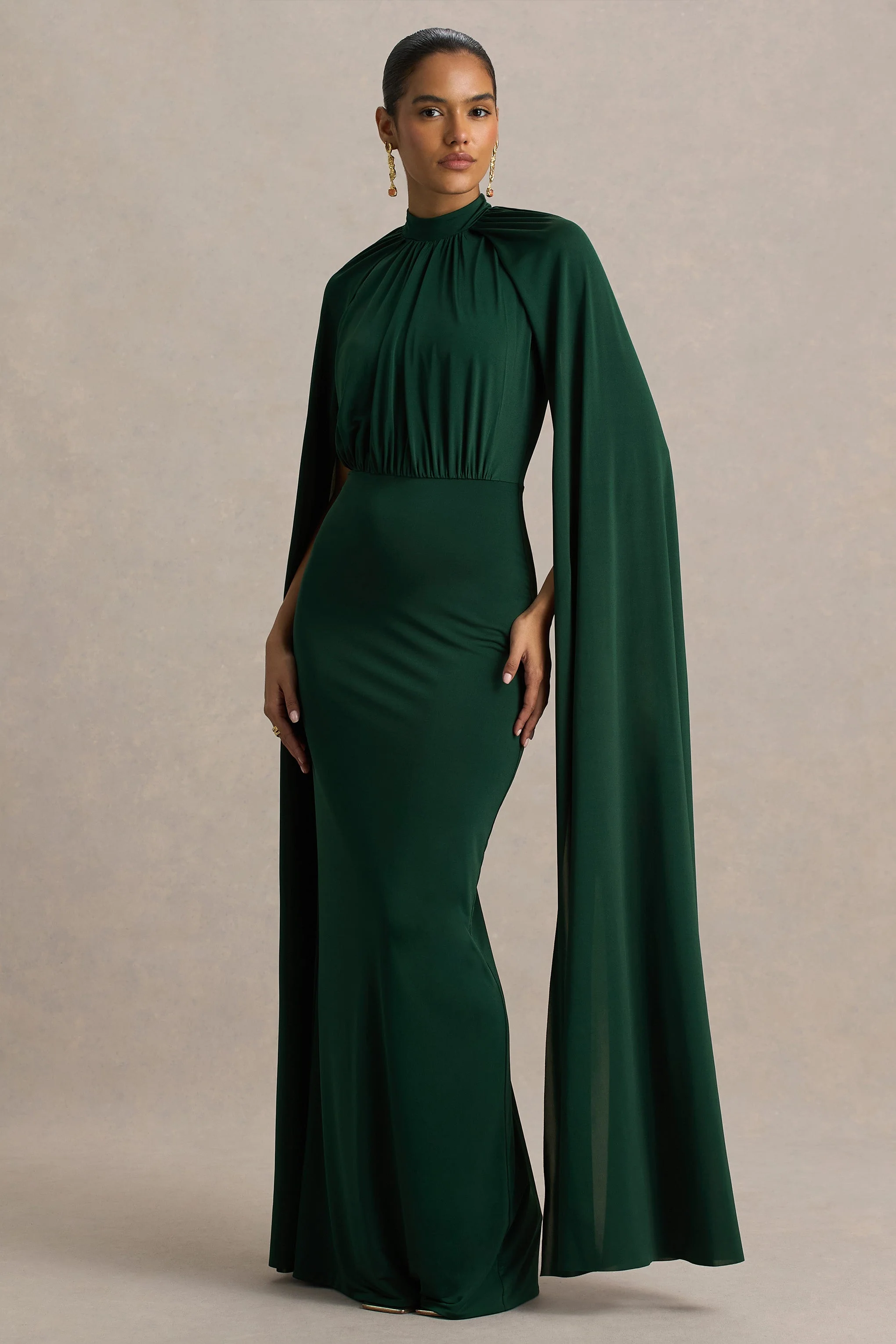 Darielle | Flessengroene Hoge Hals Maxi Jurk Met Cape Mouwen - Image 5