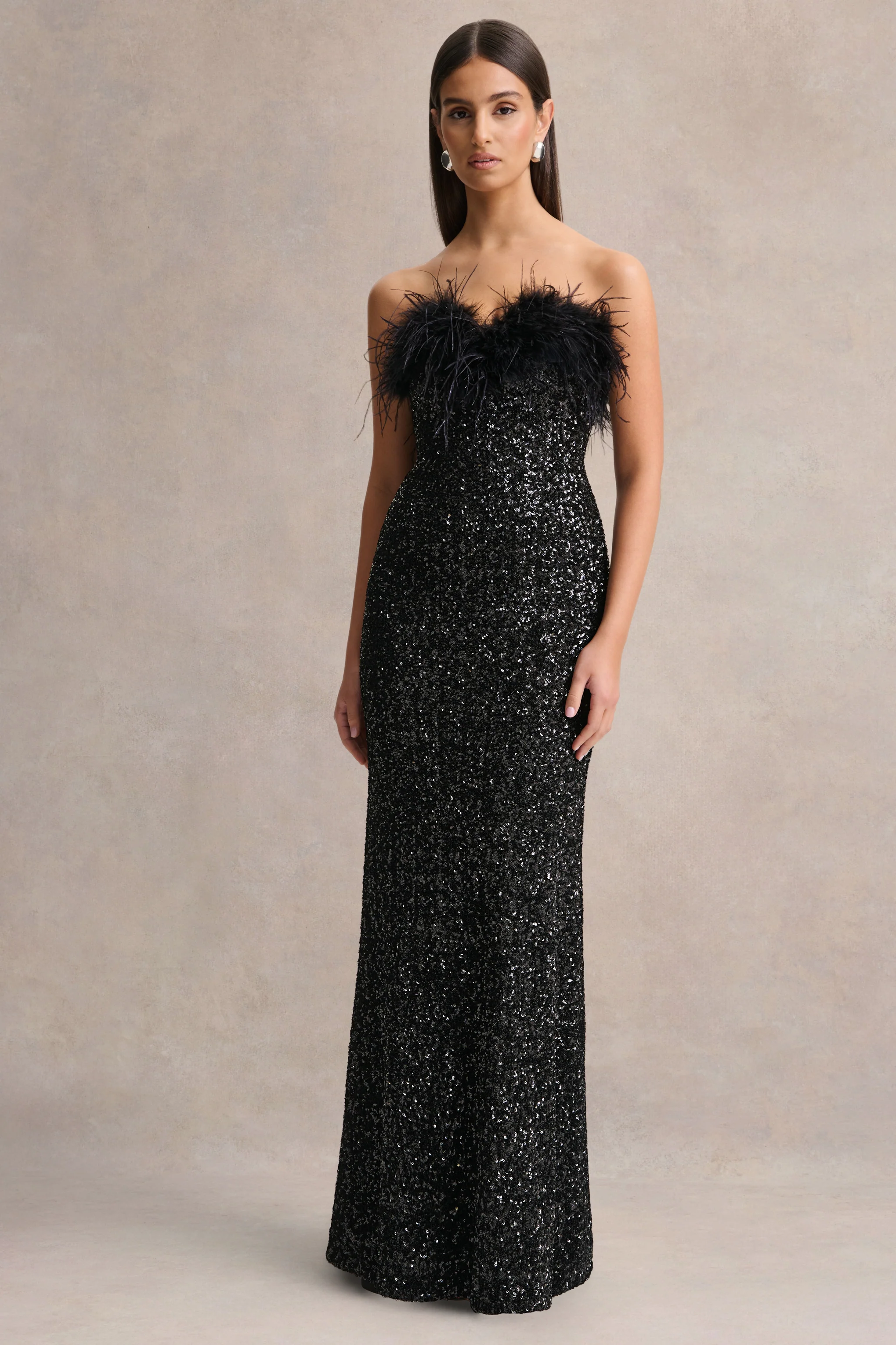 Daze | Zwarte Pailletten Bandeau Maxi Jurk Met Veren Afwerking - Image 3