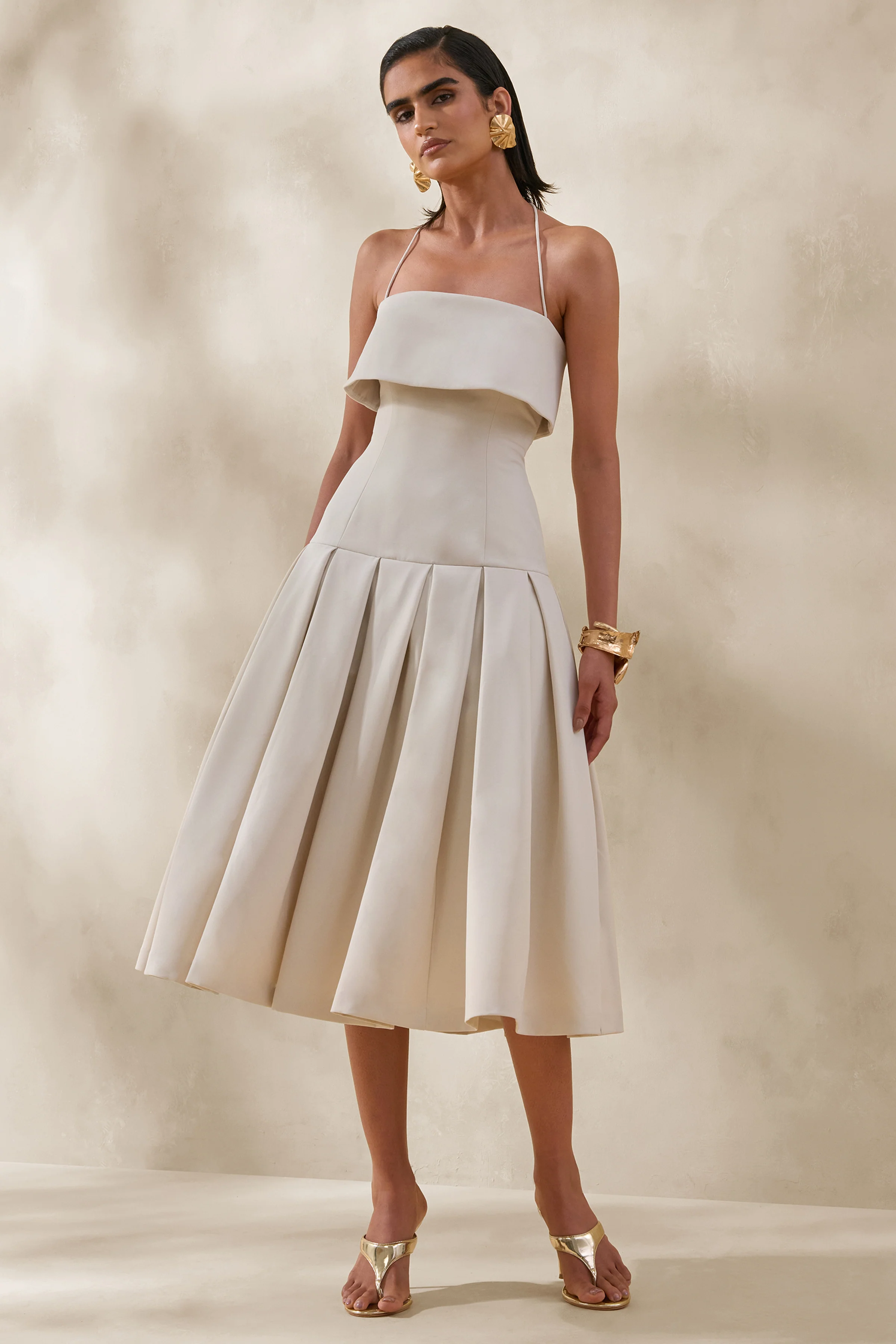 Dazira | Crème Vierkante Hals Midi Jurk Met verlaagde Taille - Image 4