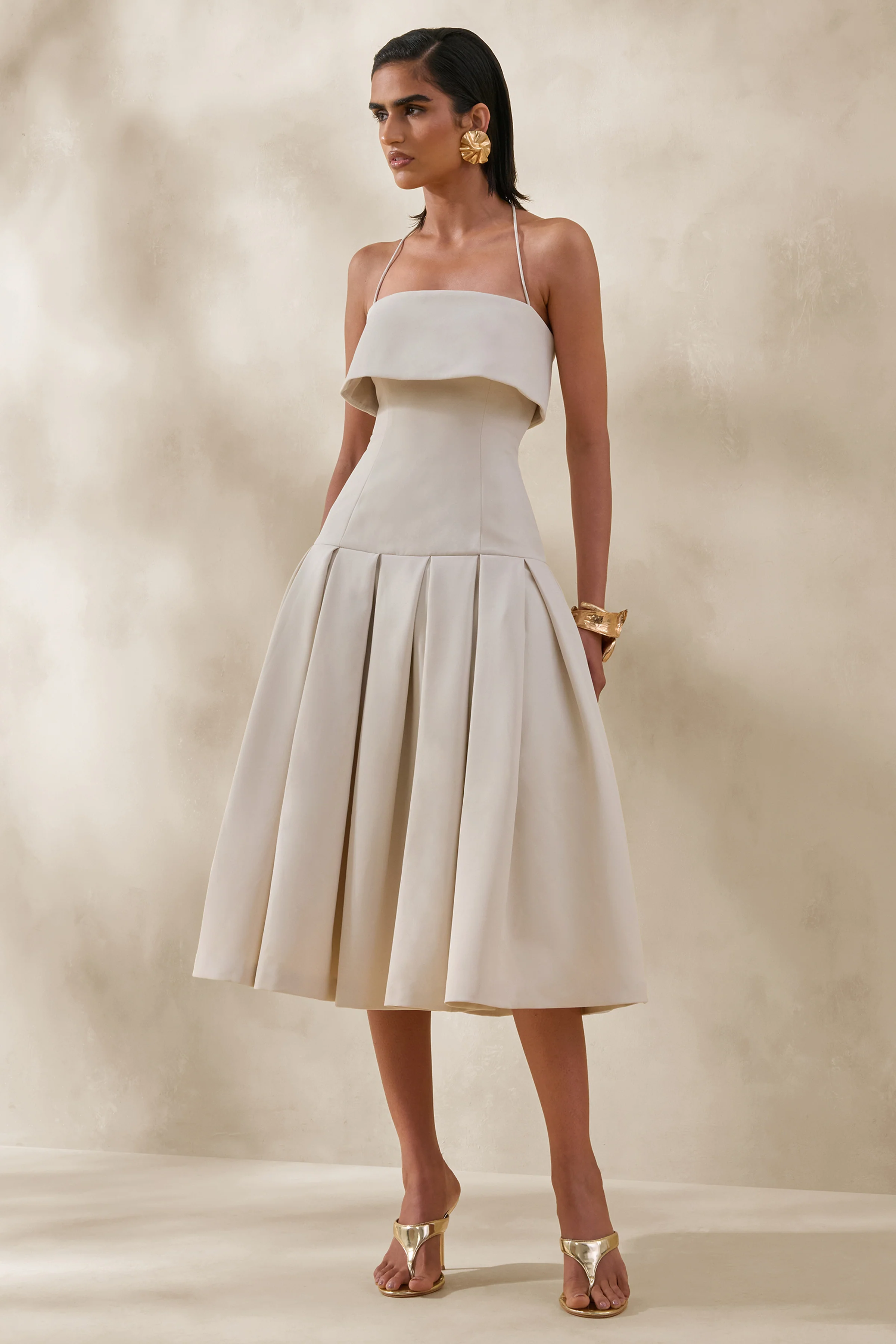 Dazira | Crème Vierkante Hals Midi Jurk Met verlaagde Taille - Image 5