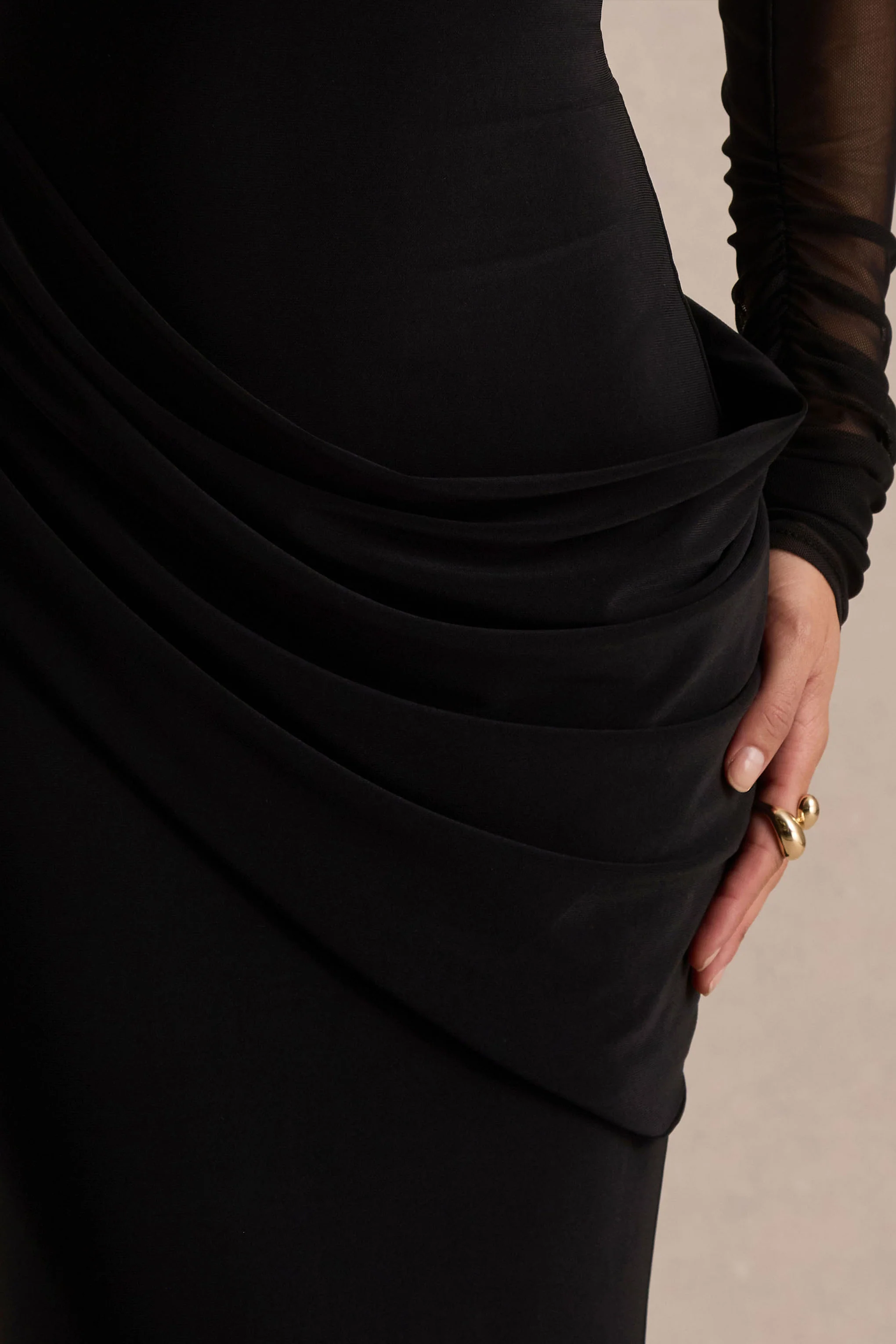 Deema | Zwarte Jersey En Mesh Hoge Hals Maxi Jurk - Image 3