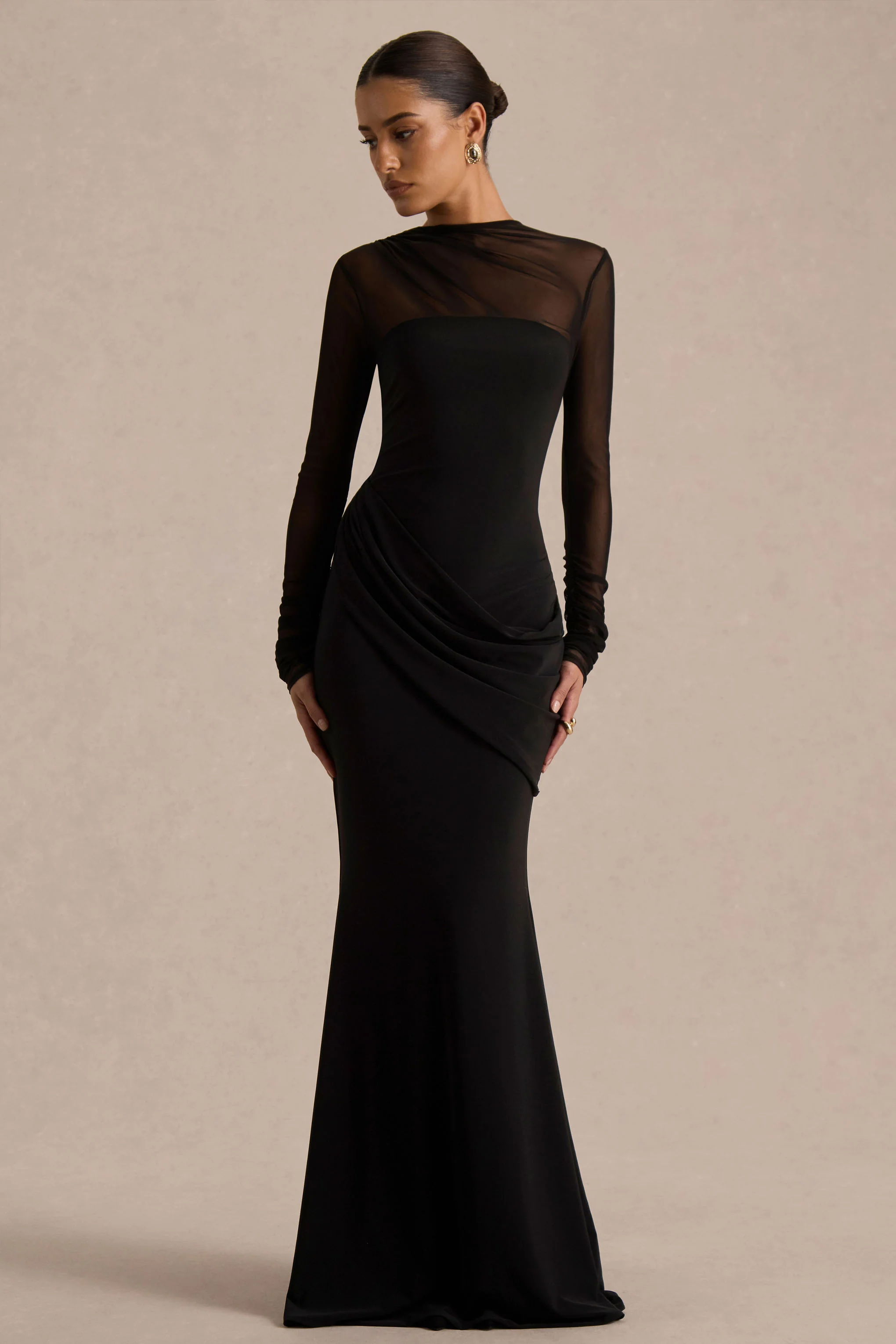 Deema | Zwarte Jersey En Mesh Hoge Hals Maxi Jurk - Image 4